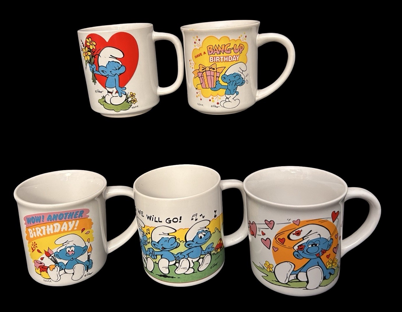 5pc Lot Vtg 1980s Smurfs Ceramic Coffee Mugs Peyo Wallace Berrie Birthday Love