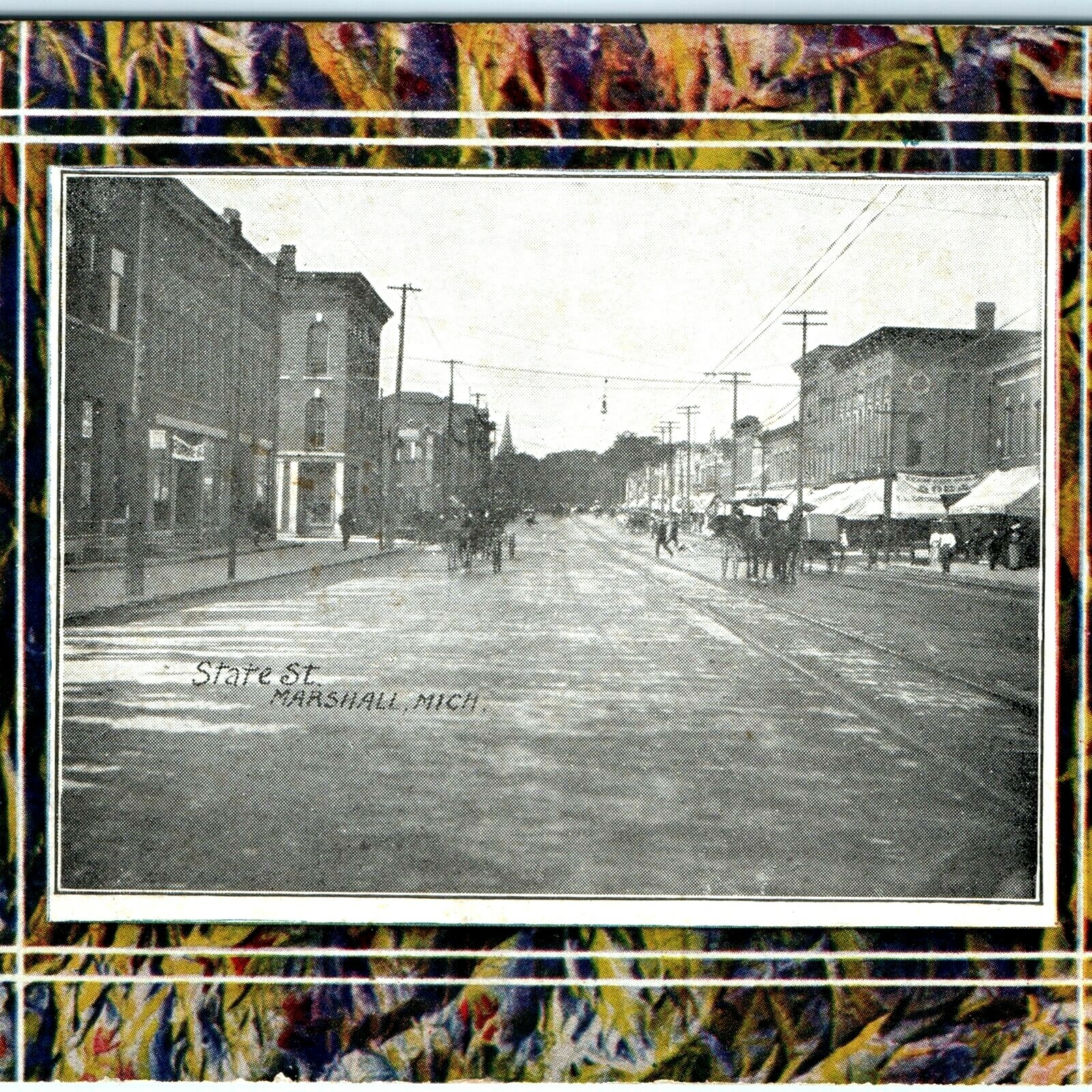 c1910s Marshall, MI State St. Postcard Downtown Street View Horse Carriage