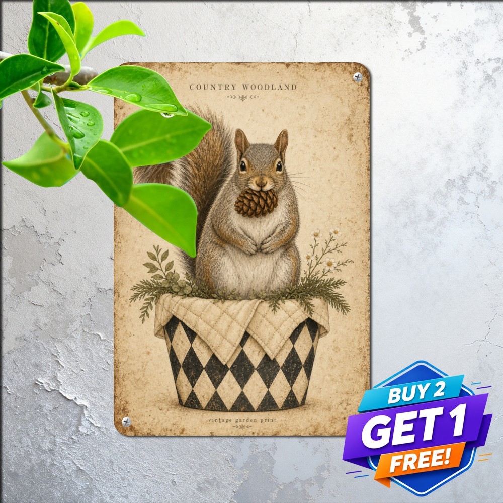 Whimsical Squirrel Harlequin Flower Sign Charming Autumn Metal Tin Wall Plaque