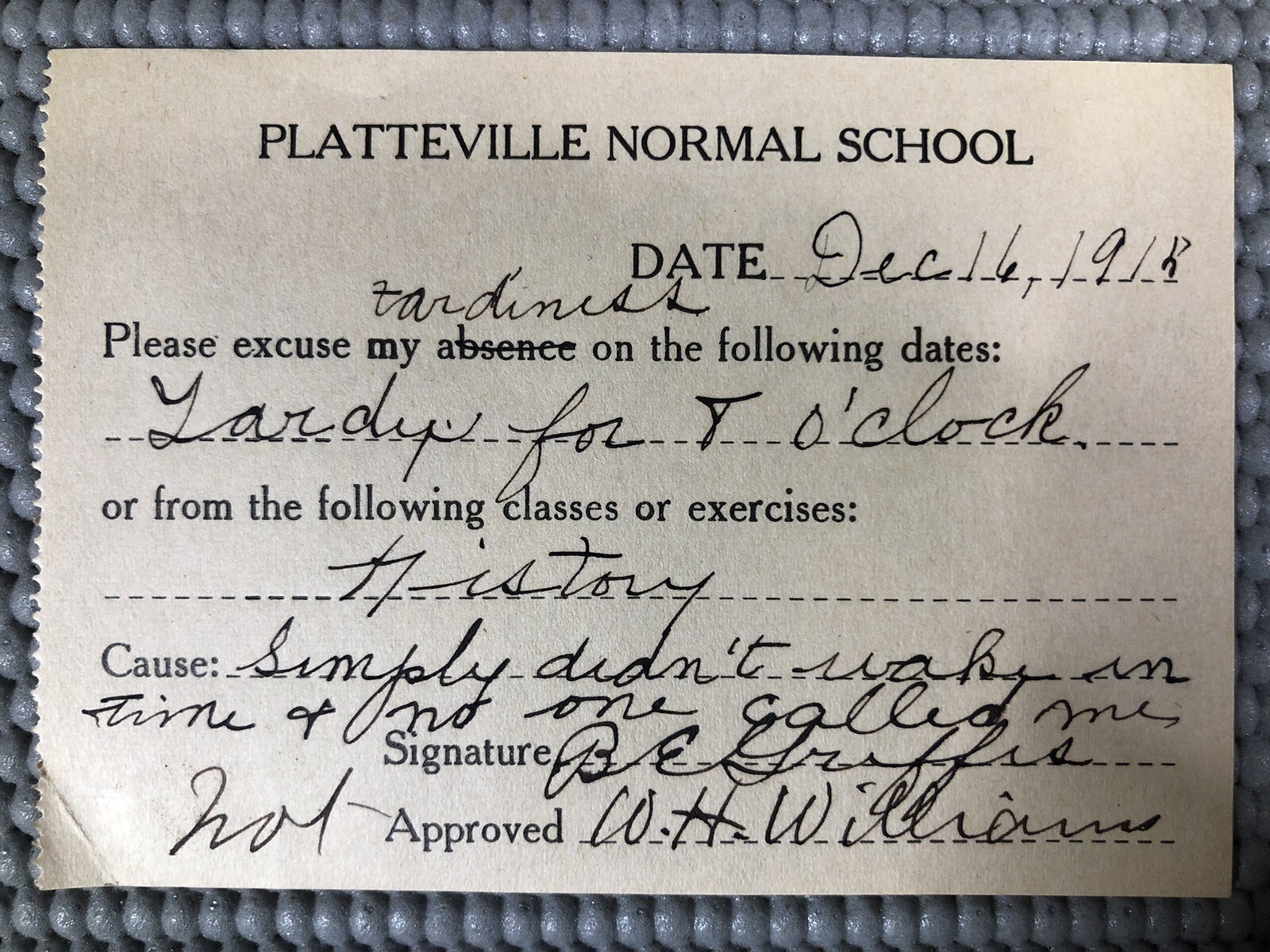 VTG 1915 Absence Tardiness Slip (Not Approved lol) Platteville Normal School