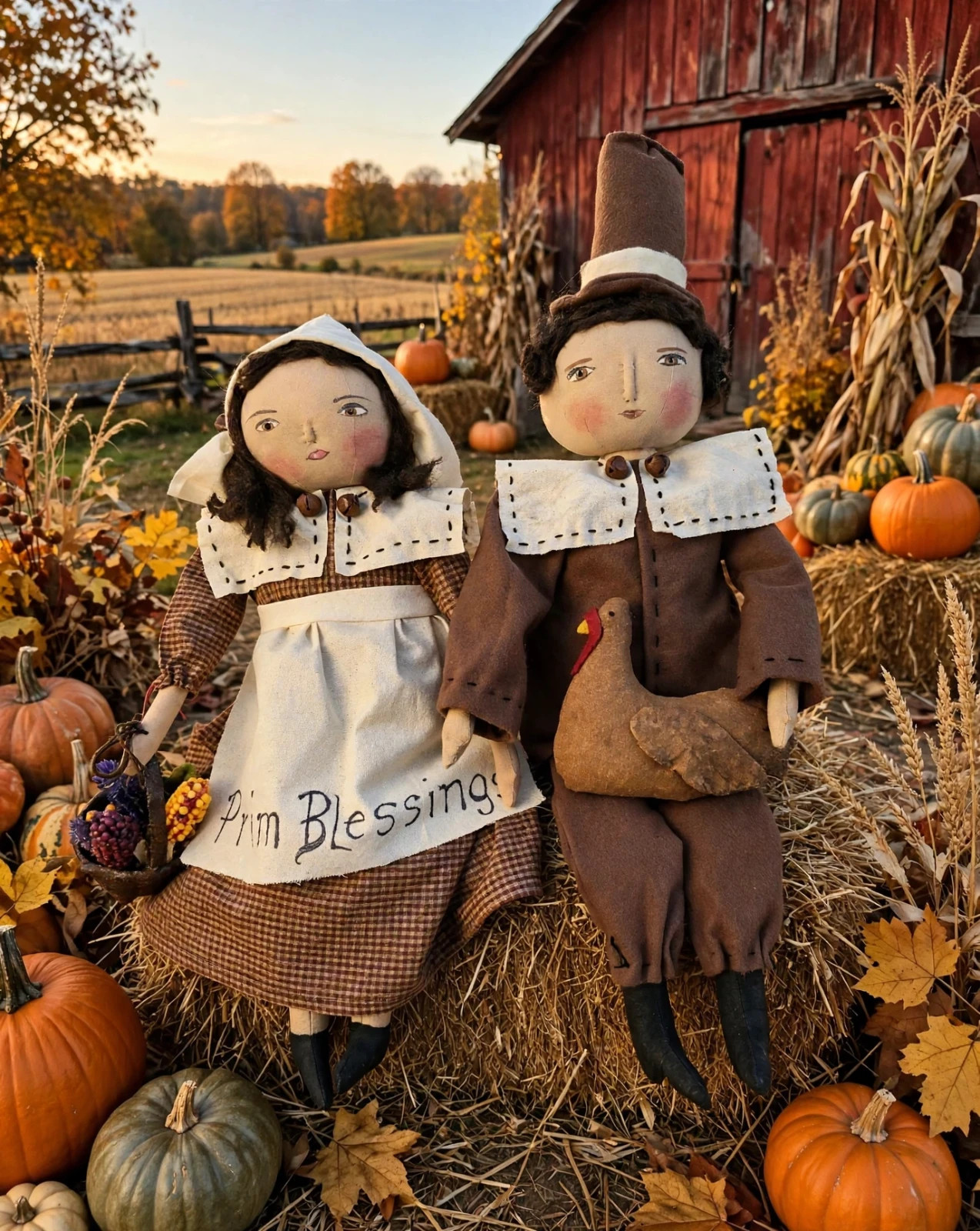 Primitive Thanksgiving folk art dolls,  collectible, Dumplinragamuffin