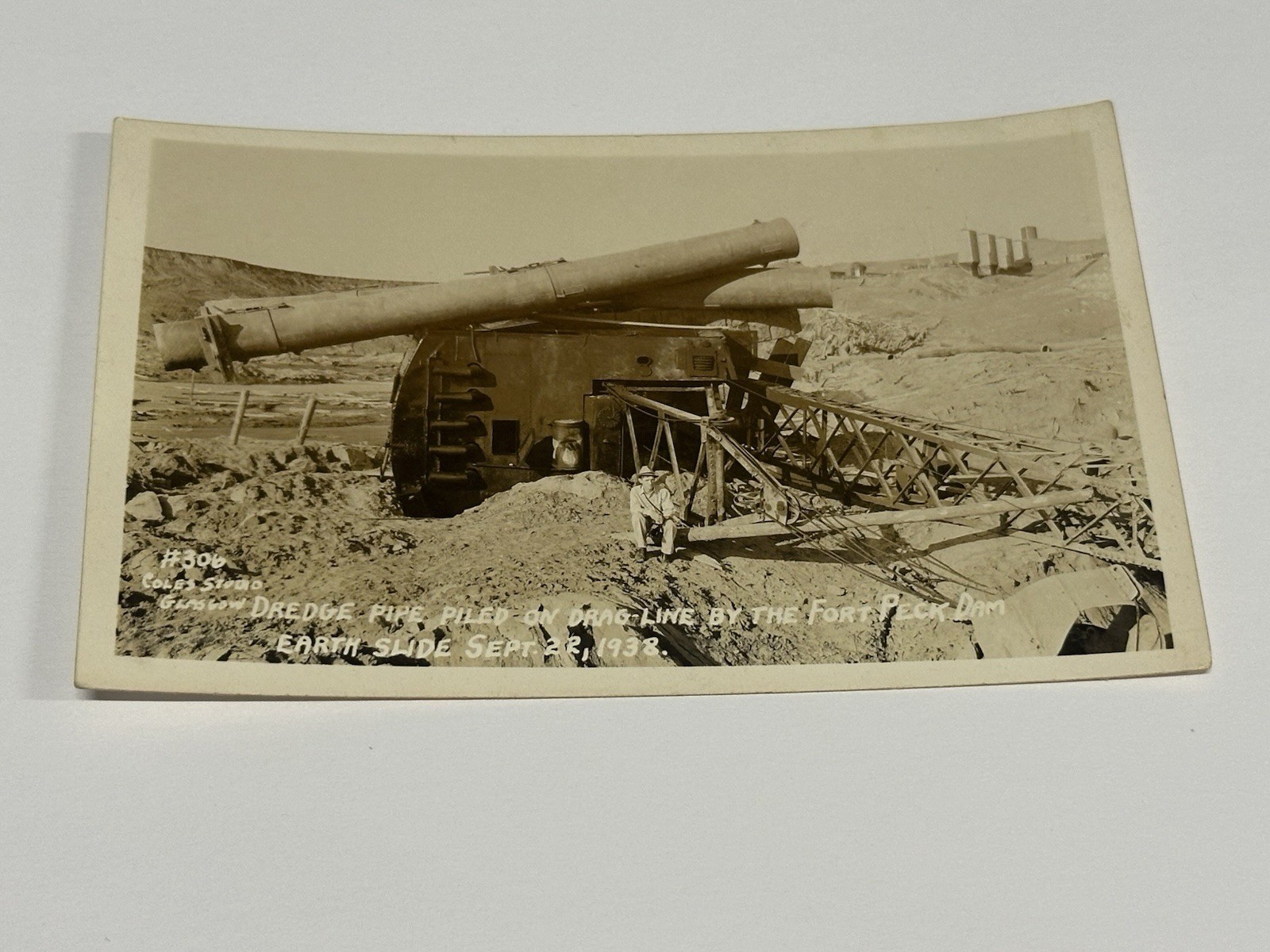 c1938 RPPC Fort Peck Dam Dredge Pipe Piled Drag Line Glasgow Montana Real Photo