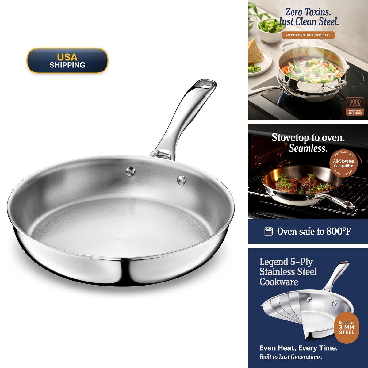 LEGEND COOKWARE 5-Ply Stainless Steel 12-Inch Frying Pan - Induction, Oven Safe