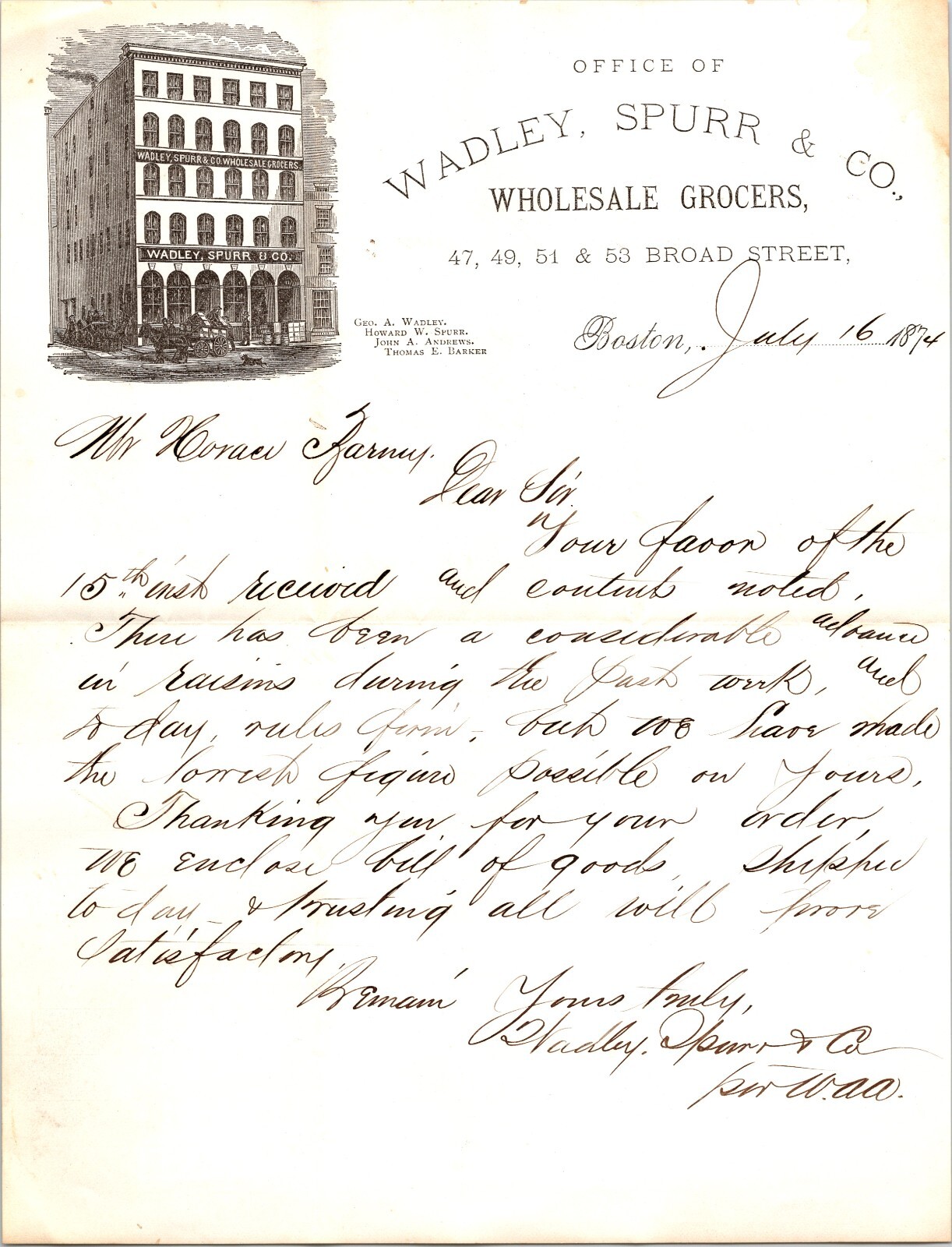 Wadley & Spurr Boston MA 1874 Letterhead Grocers