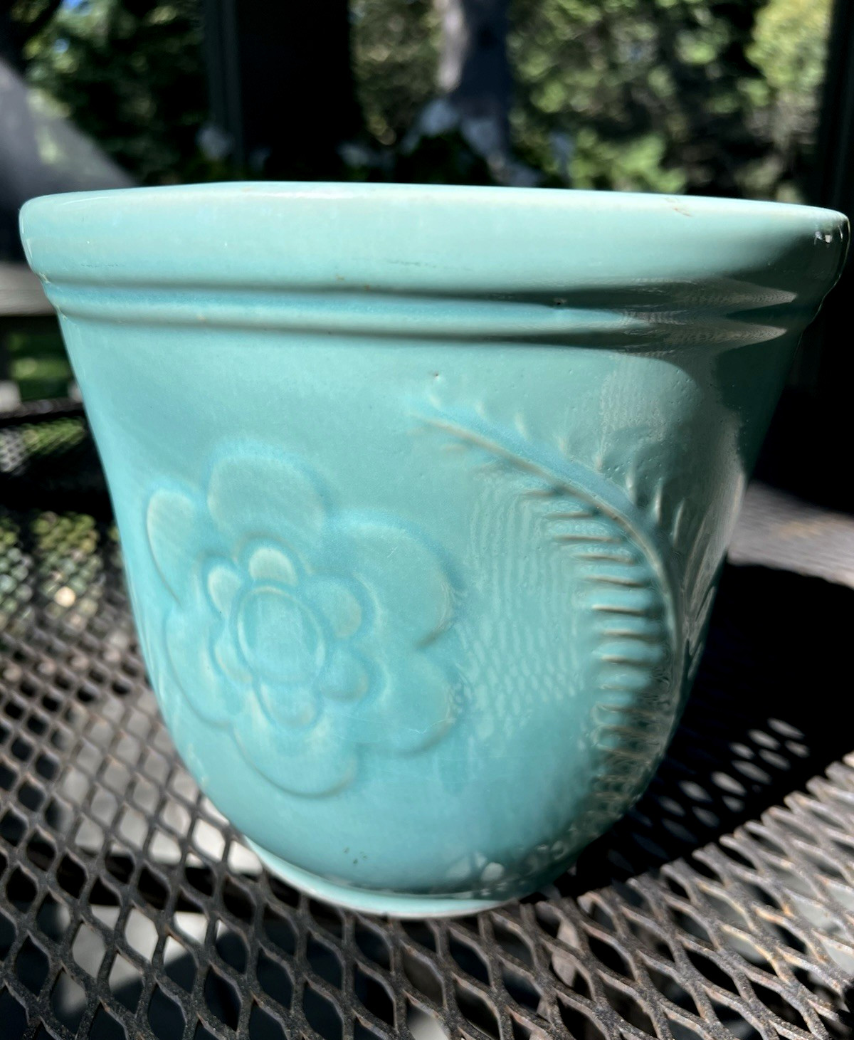 Vtg Shawnee USA Fern & Flower Aqua Turquoise Jardiniere Planter 7.5” MCM NICE