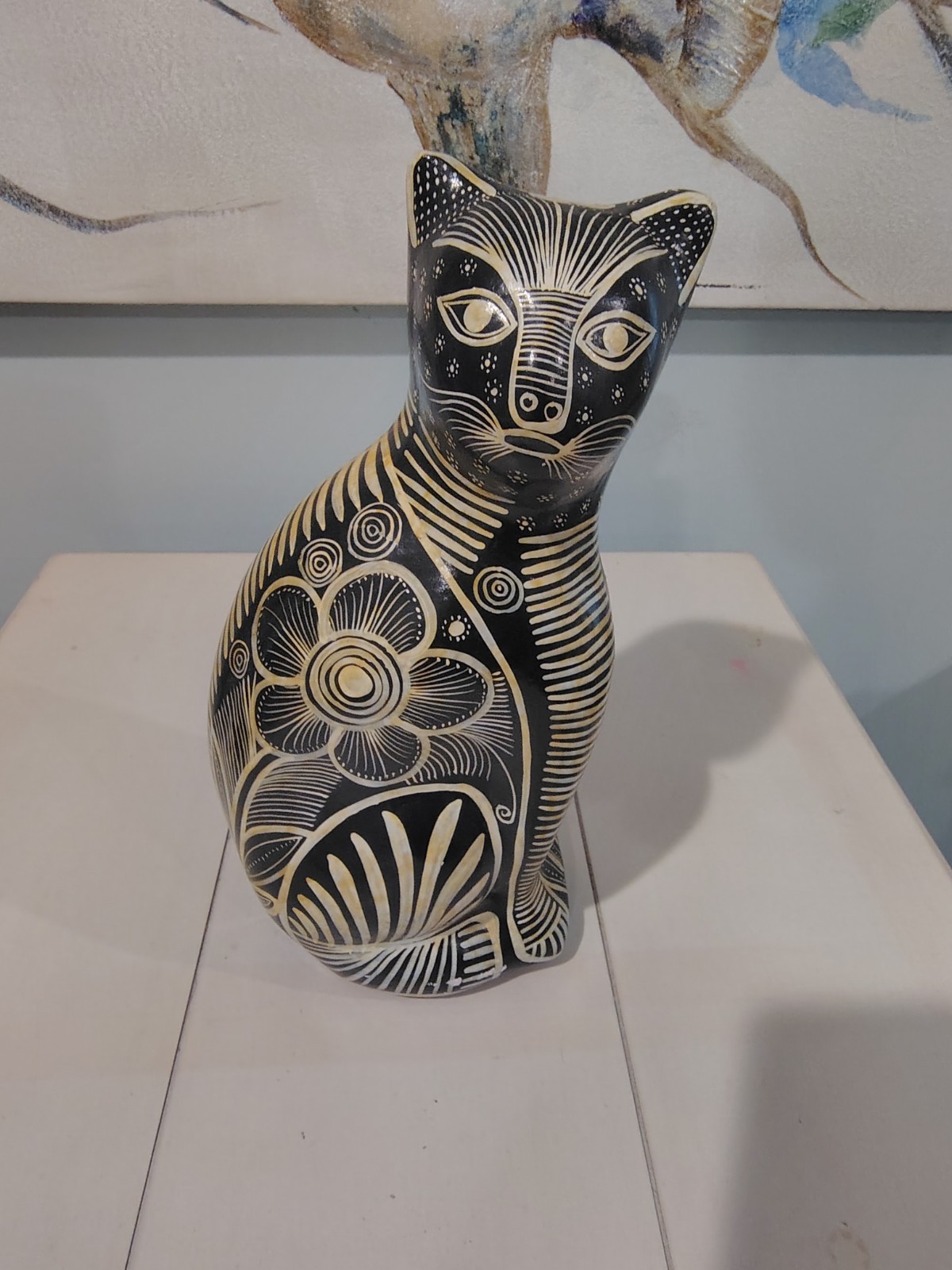 Vintage Folk Art Black & White Carved Pottery Cat Coin Bank Figurine 13.5\