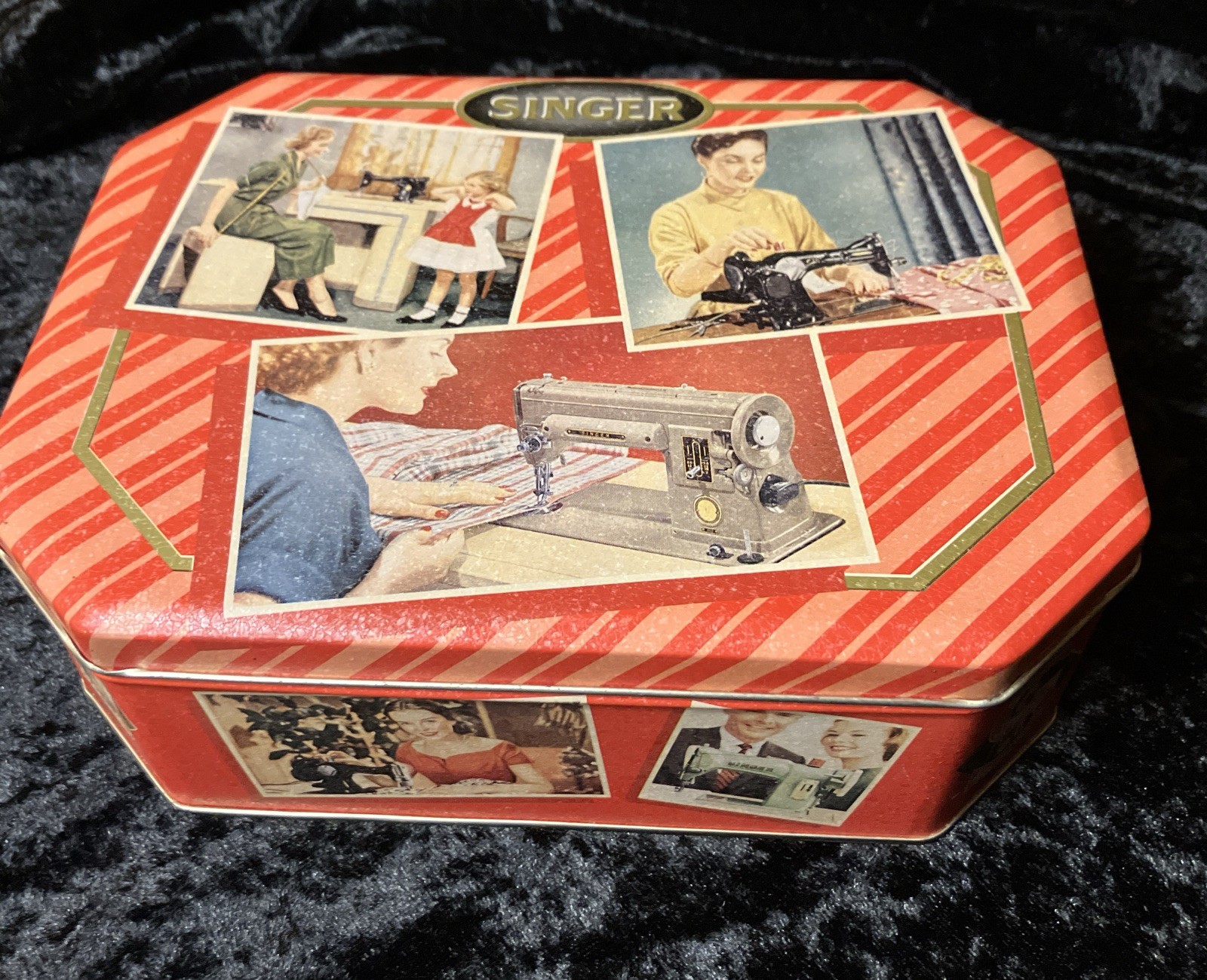 1980-90s Vintage SINGER Sewing Machine Commemorative Red Tin Box Octagonal Rare