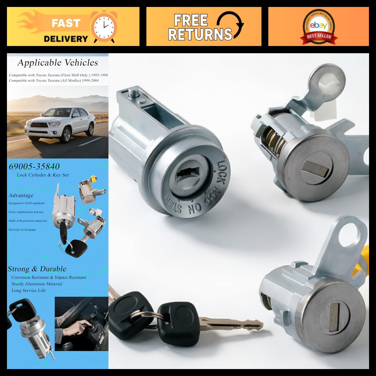 Door Lock Cylinder & Key Set for 1995-2004 Toyota Tacoma, Ignition Switch Replac