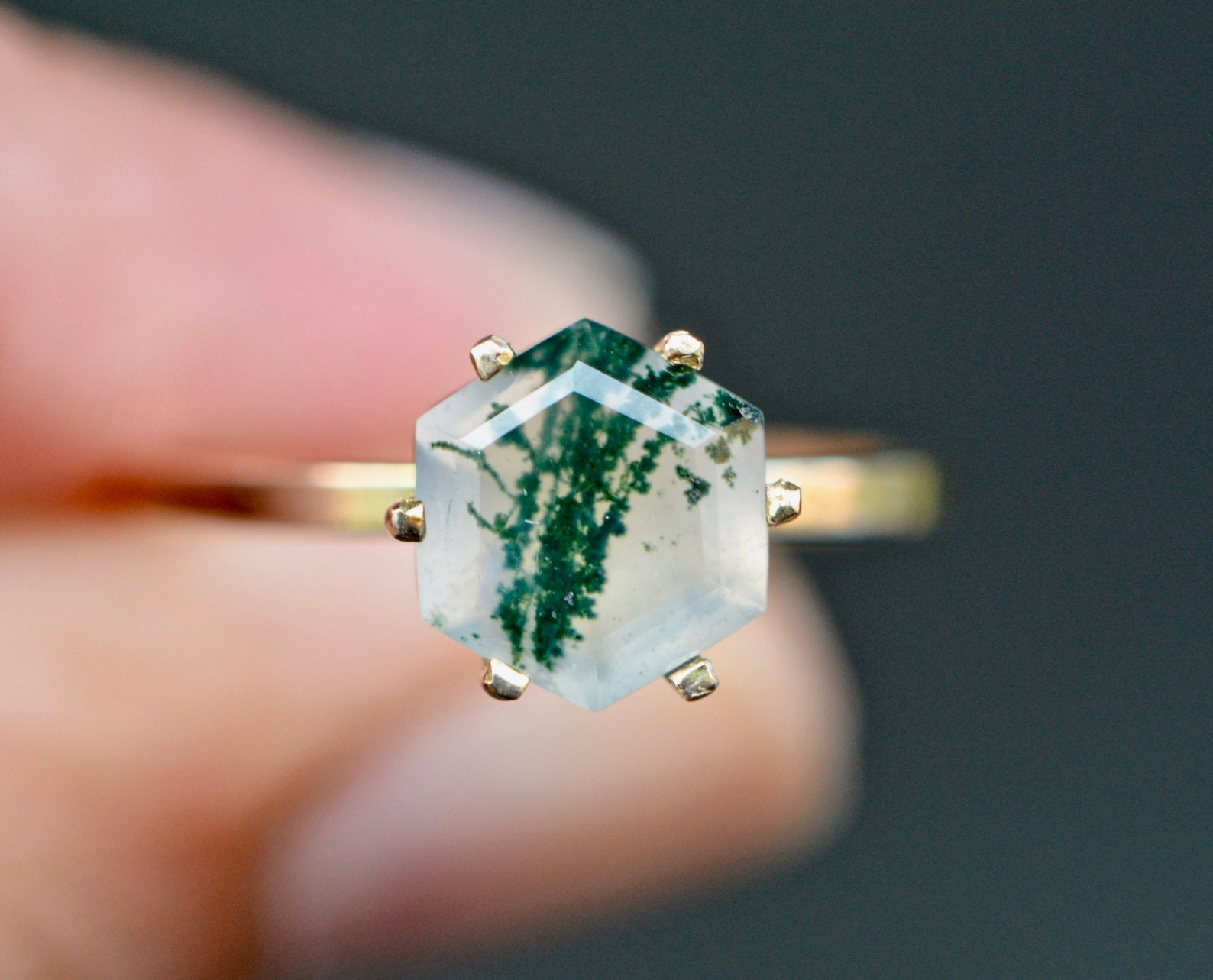 Moss Agate Ring 14K Gold Hexagon Green Gemstone Solitaire Gift