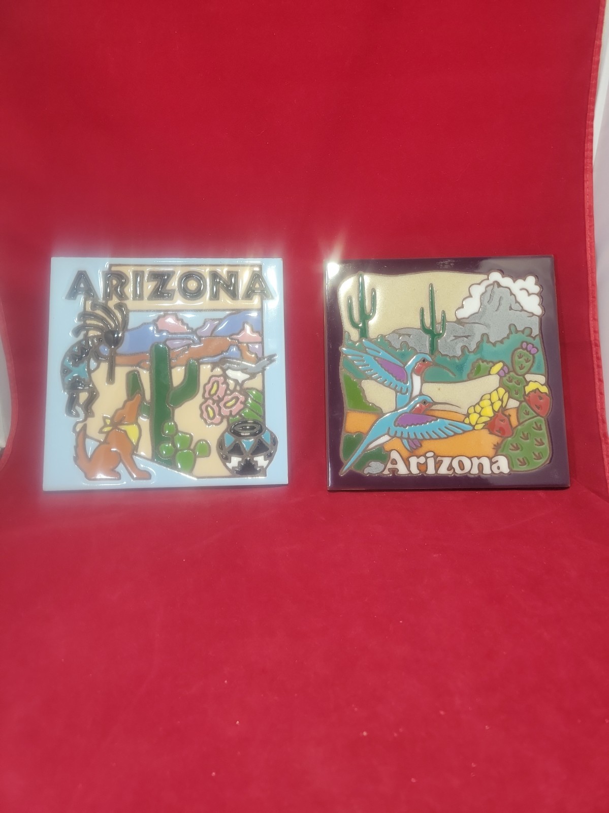 2 Vintage Arazona Tile Trivets Earthtones  Masterworks Humming Bird Desert Motif