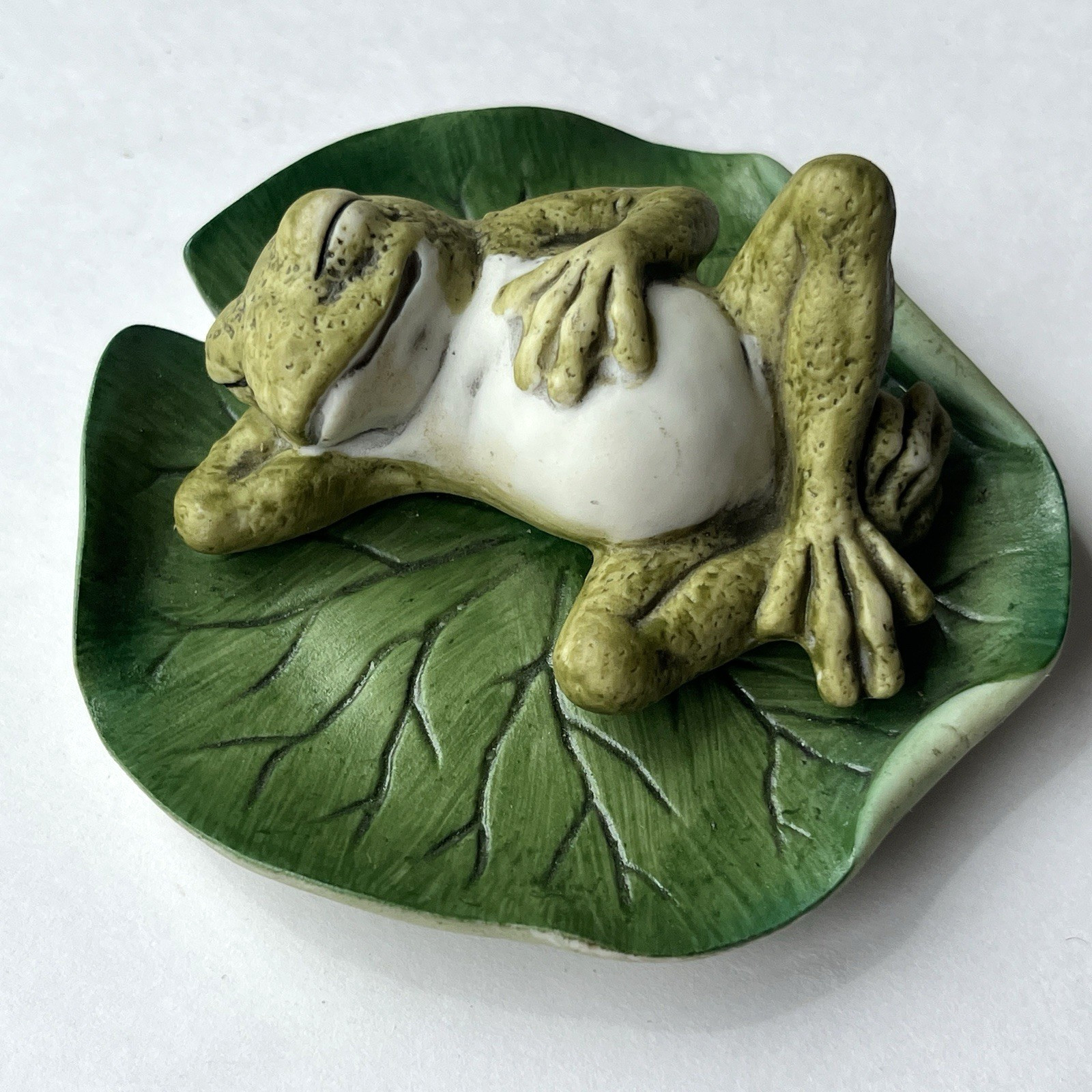 Vintage 1980s Japan Harvey Knox Porcelain Sleeping Frog On Lily Pad Figurine