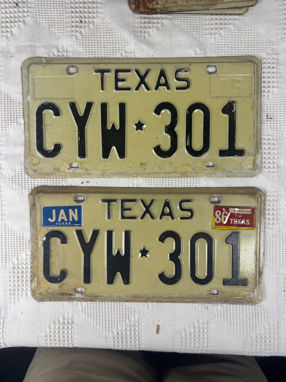 Pair Of Vintage Texas License Plates CYW 301 1975 White w Black Embossed Letters