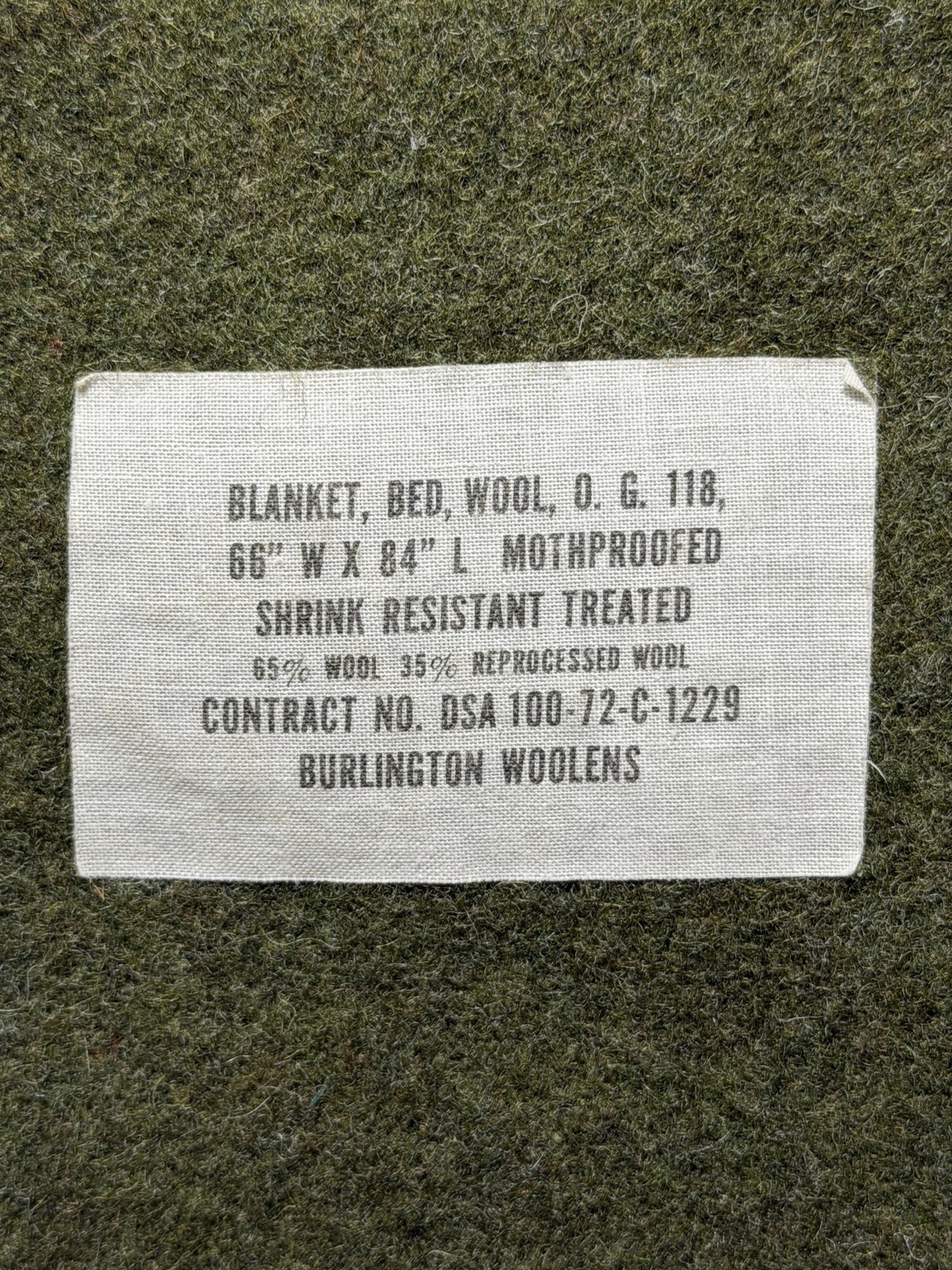 Vintage 1972 US Army OG-118 Wool Blanket Burlington Woolens 66x84 Vietnam Era
