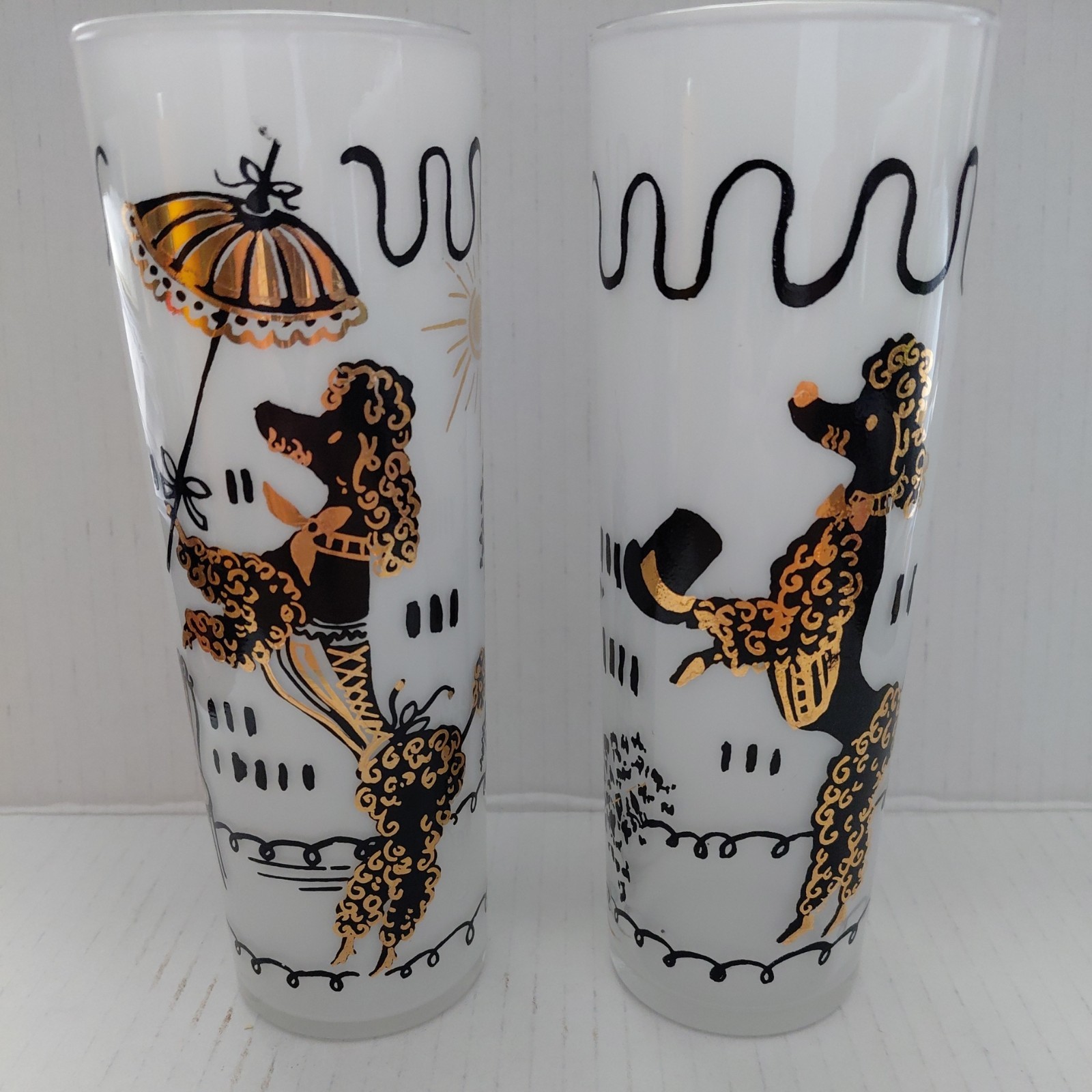 VTG Libbey Maida Armour Cocktail Glasses MCM Set French Poodle Gold Barware
