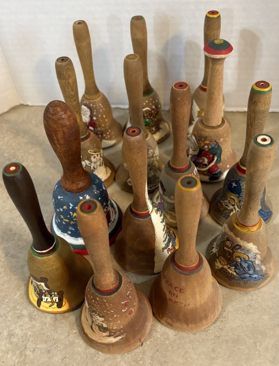 Vintage Hand Painted Wooden  4.5”Christmas,holiday,nativity Bells, lot Of 14