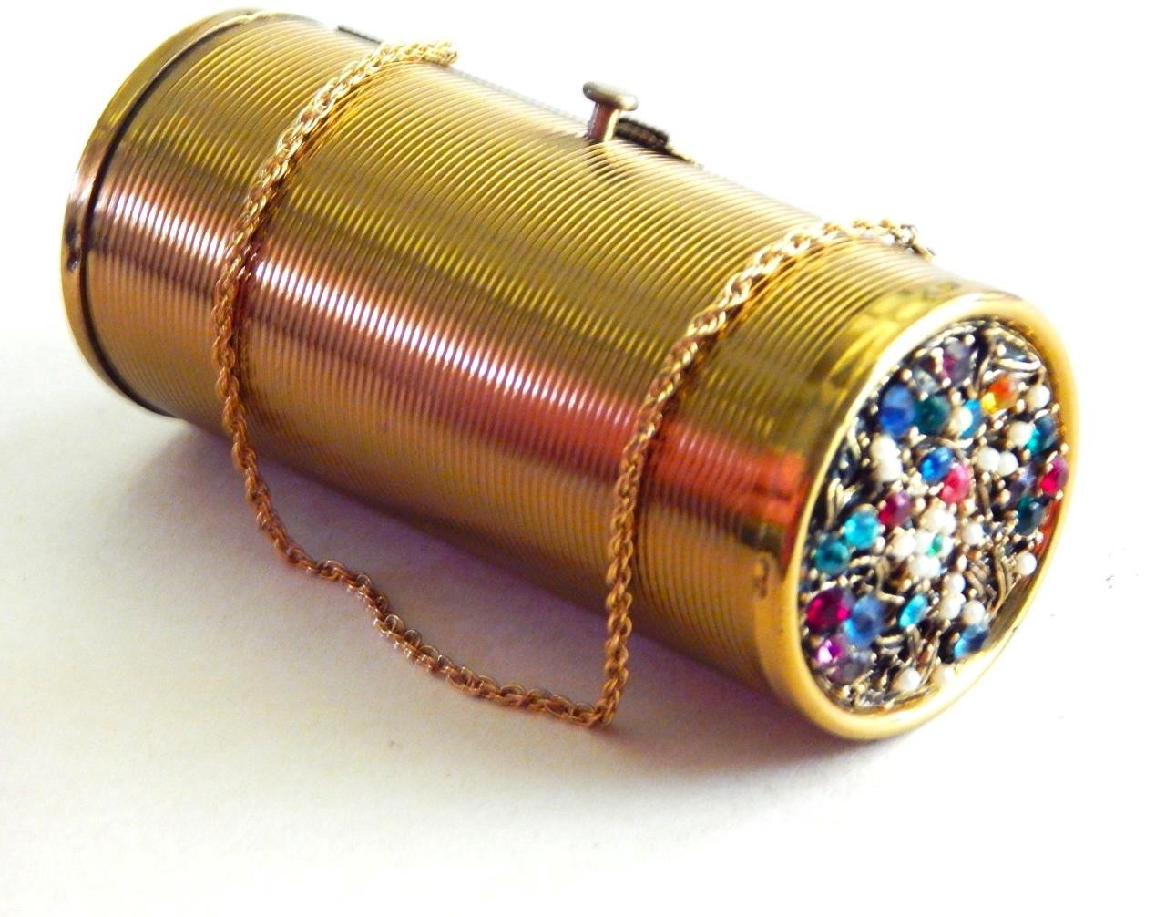 Vintage Tubular Brass Ridged Purse or Cigarette Holder w Faux Jewels on Ends