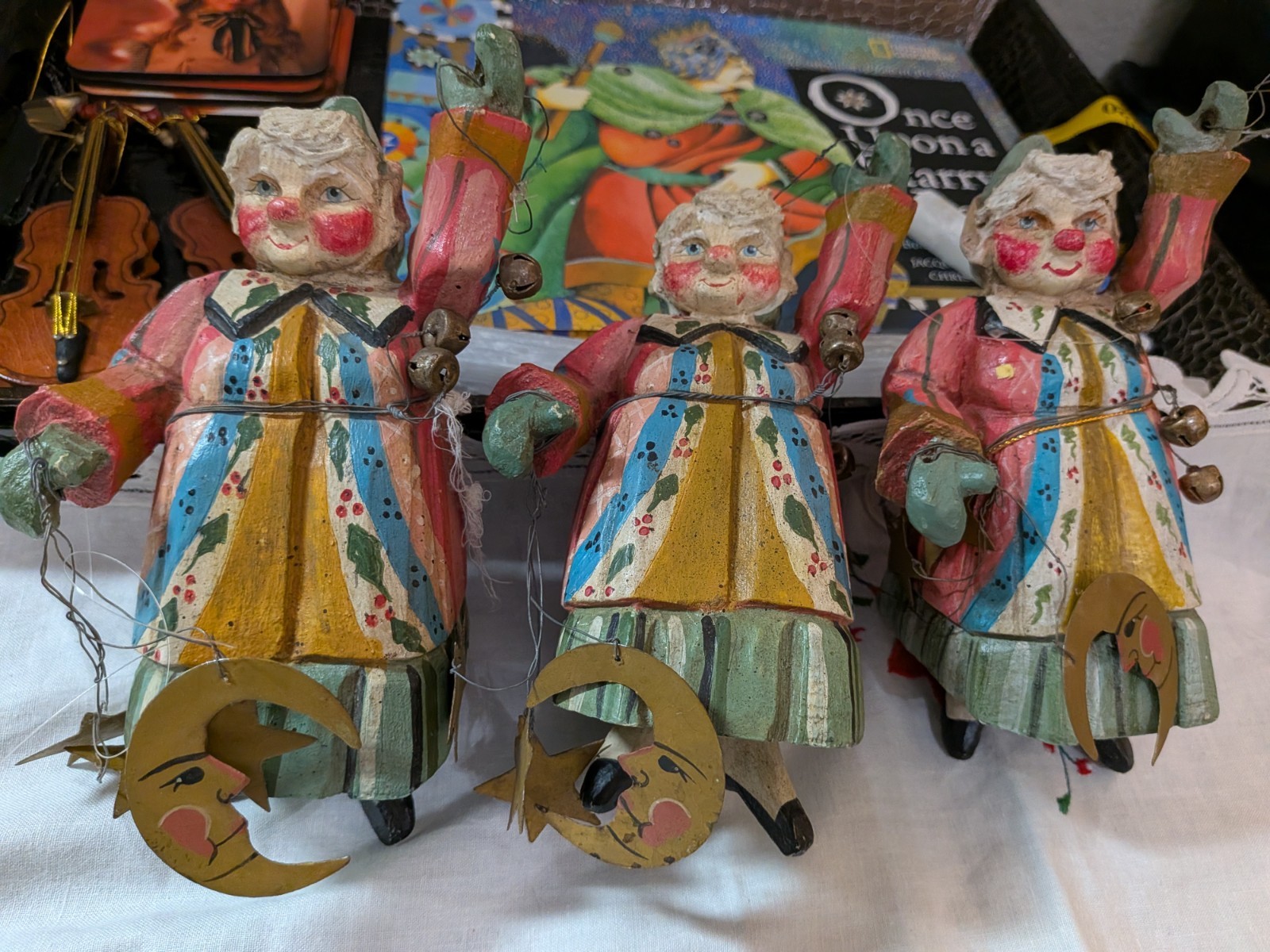 Vintage 1991 House Of Hatten Pixie Elf Grandma Bell Moon Ornament Folk, Set Of 3