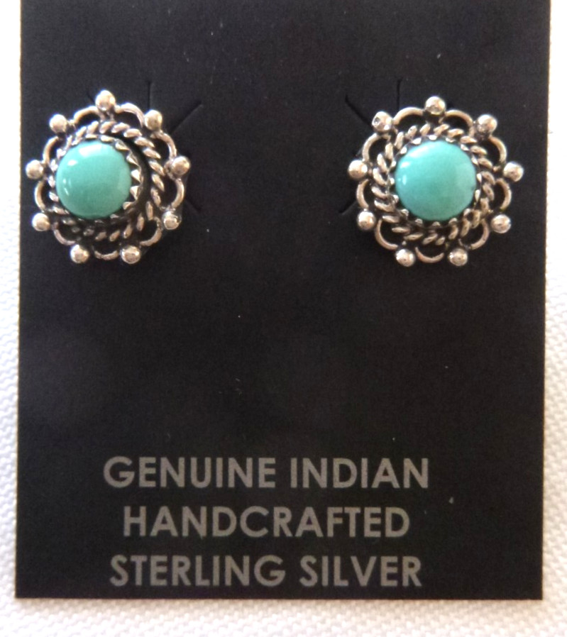 NWT Navajo Robert Martinez Kingman Turquoise Stud Earrings 925 Sterling Silver
