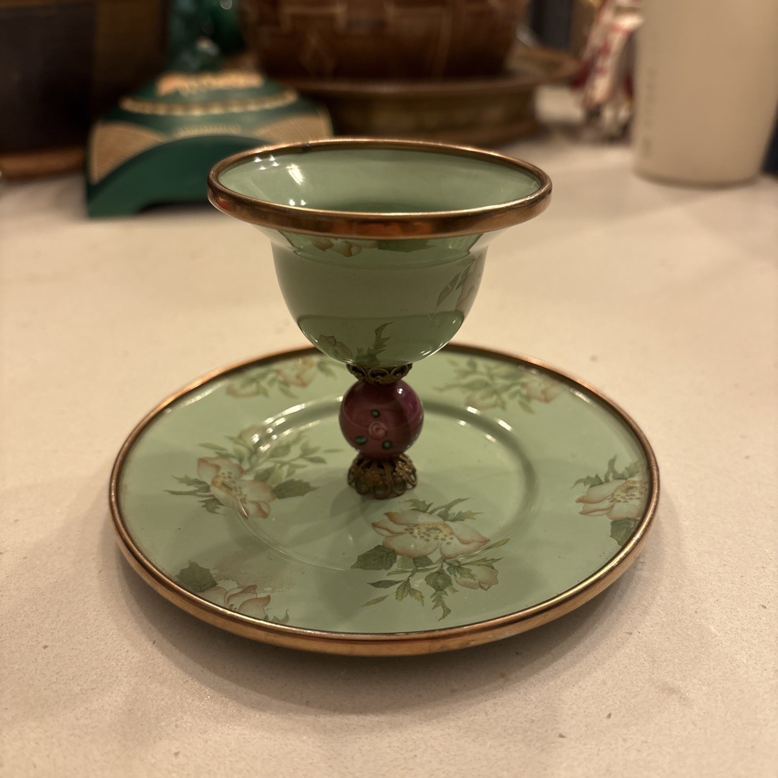 Vintage 1995 MacKenzie Childs Camp Enamelware Flower Egg Cup Saucer RARE Mint