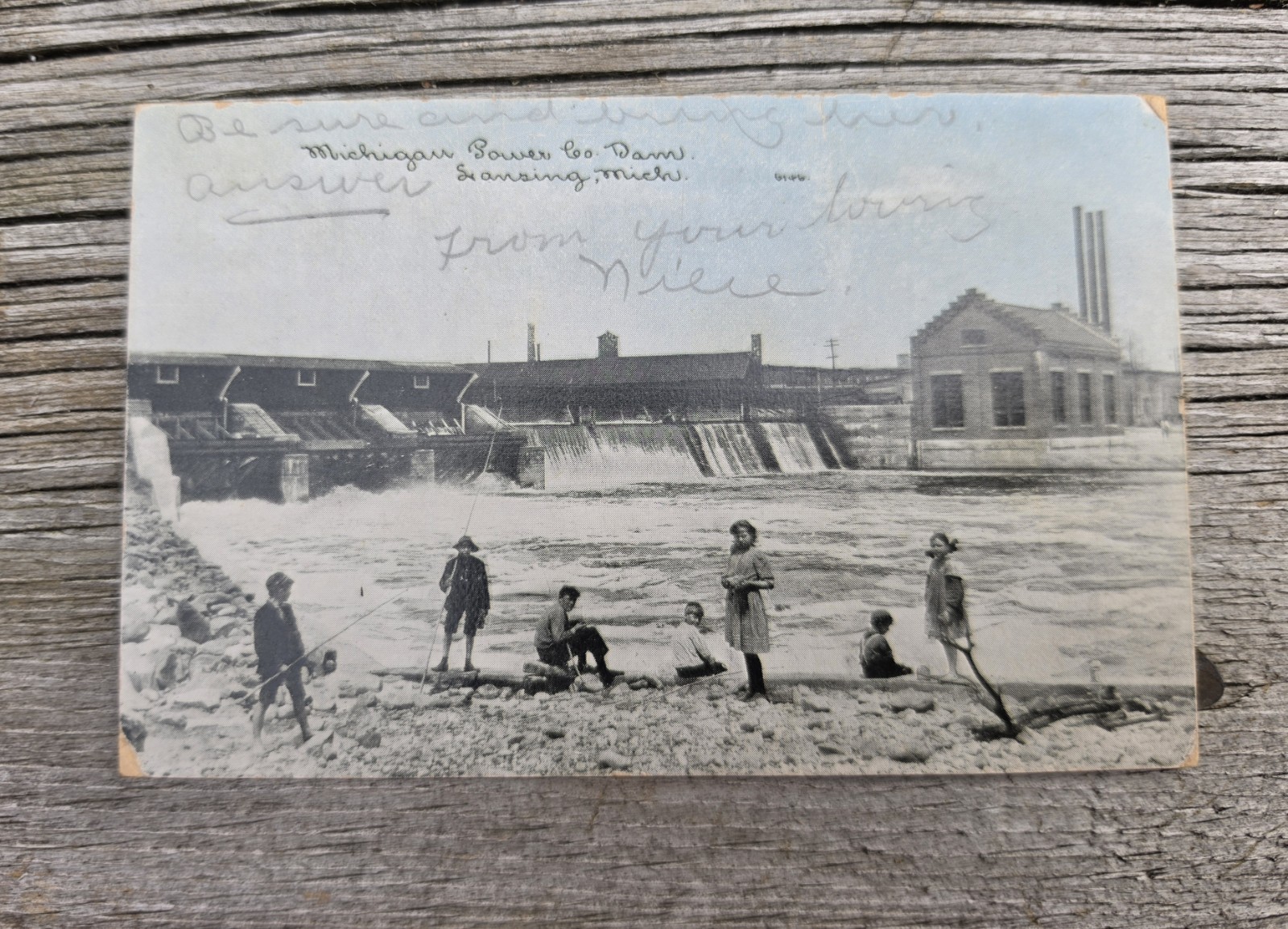 RPPC Lansing Michigan Postcard ~ Grand River Moores Park Dam Scene 