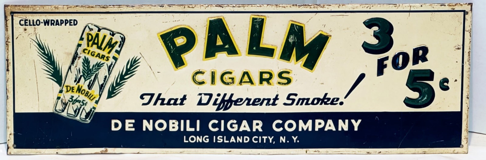 Vintage Tin Embossed Palm Cigars Sign Long Island City, N.Y. 19 1/8\