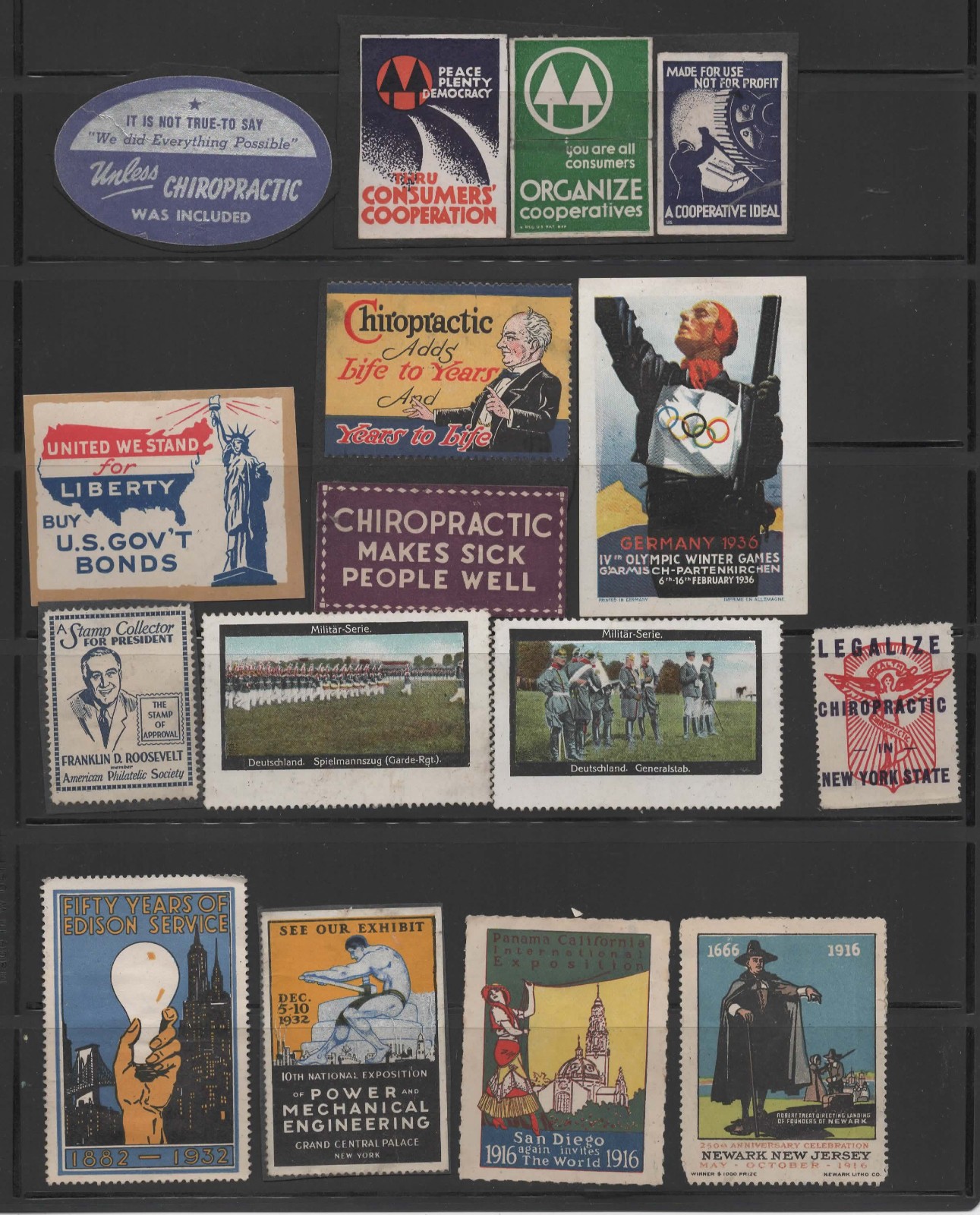 43 Vintage Poster Stamps, Cinderellas,  SESQUI CENTENNIAL, CHIROPRACTIC, SCHOOLS