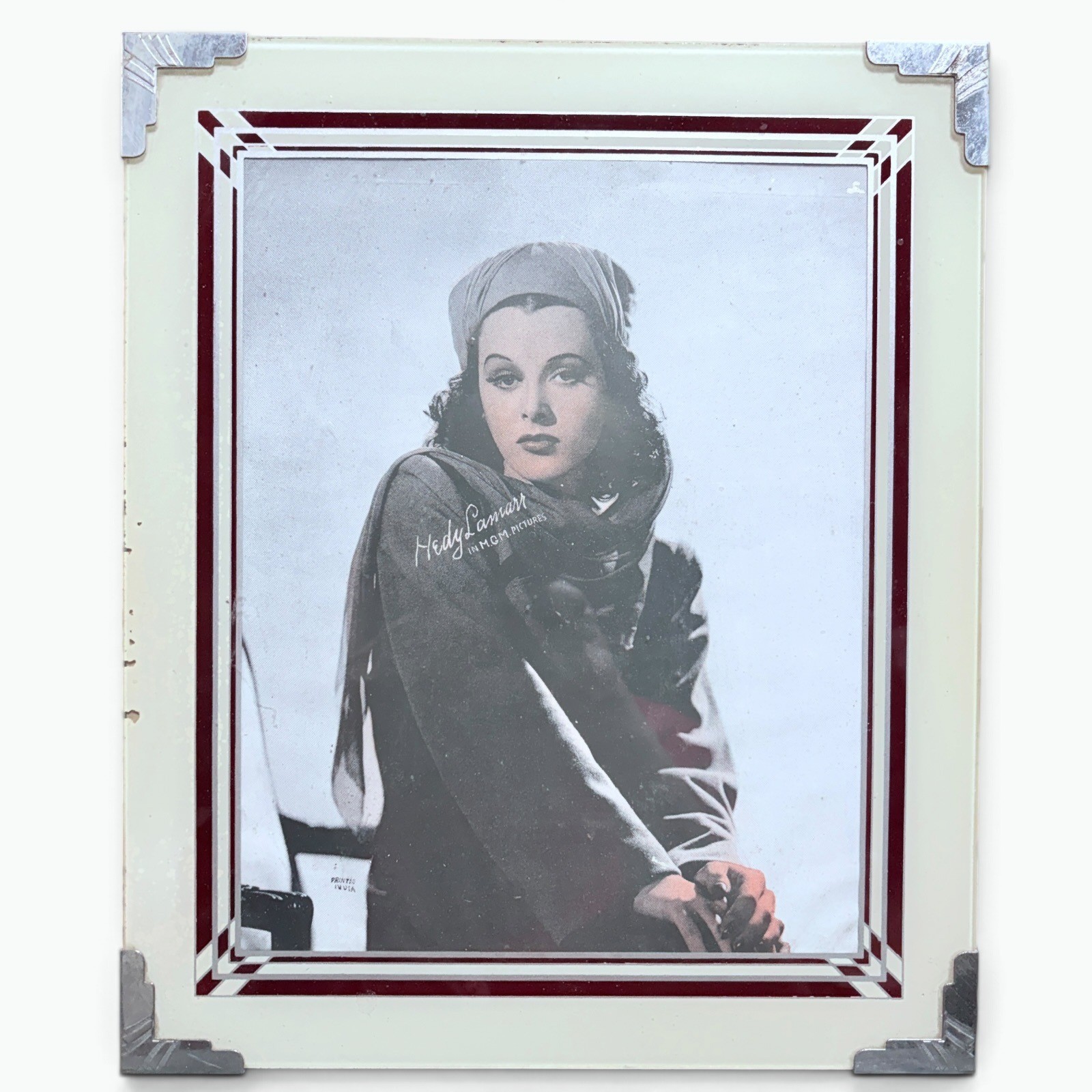 Vintage Hedy Lamarr MGM Portrait Art Deco Glass Frame 1940s Hollywood Glamour