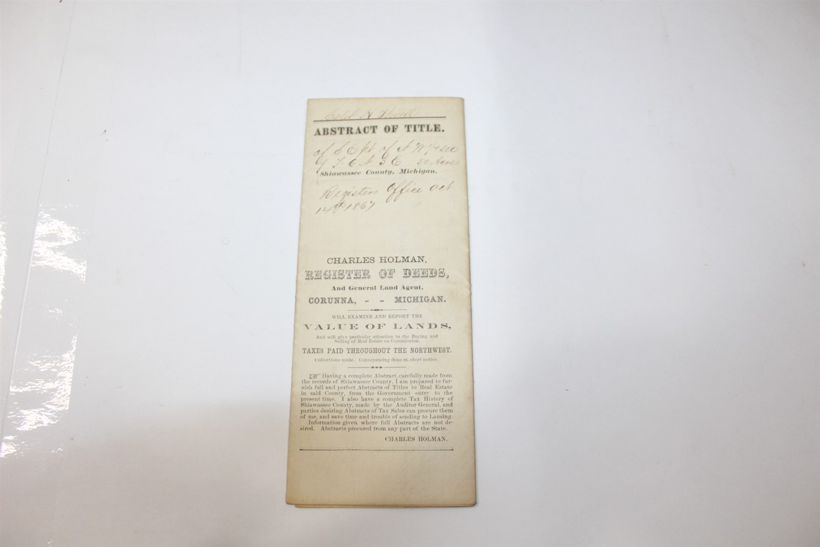 Antique Abstract Of Title 1868 Last Entry With 5 Cent IRS Washington Stamp