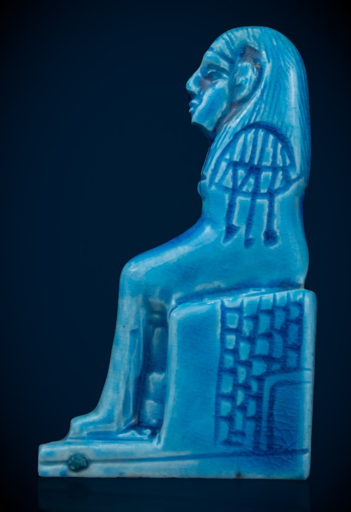 Egyptian Isis Goddess Statue Blue Faience Style Seated Figure Hieroglyphs Figuri