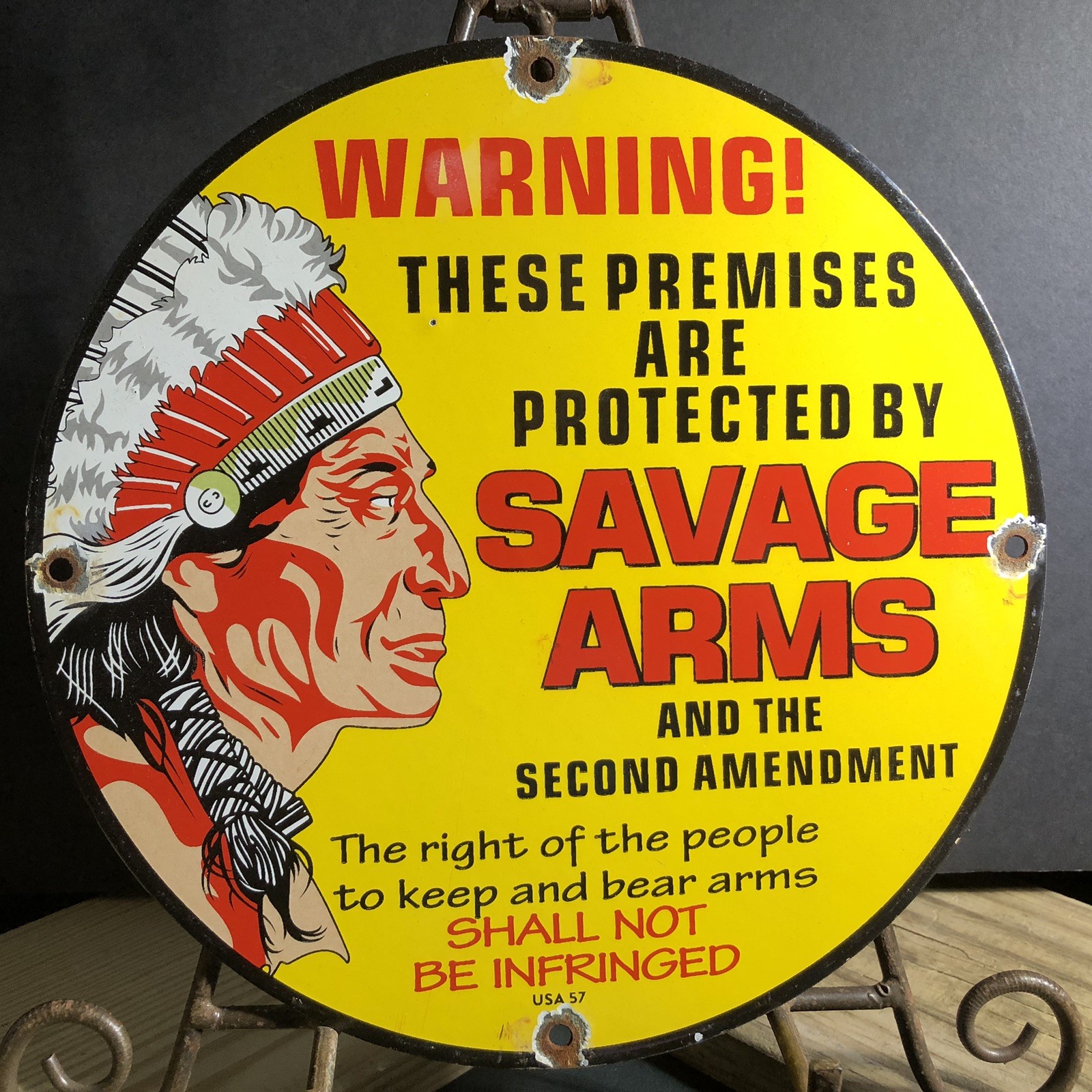 VINTAGE 1957 DATED SAVAGE ARMS THE 2ND AMENDMENT 10” PORCELAIN GAS OIL SIGN