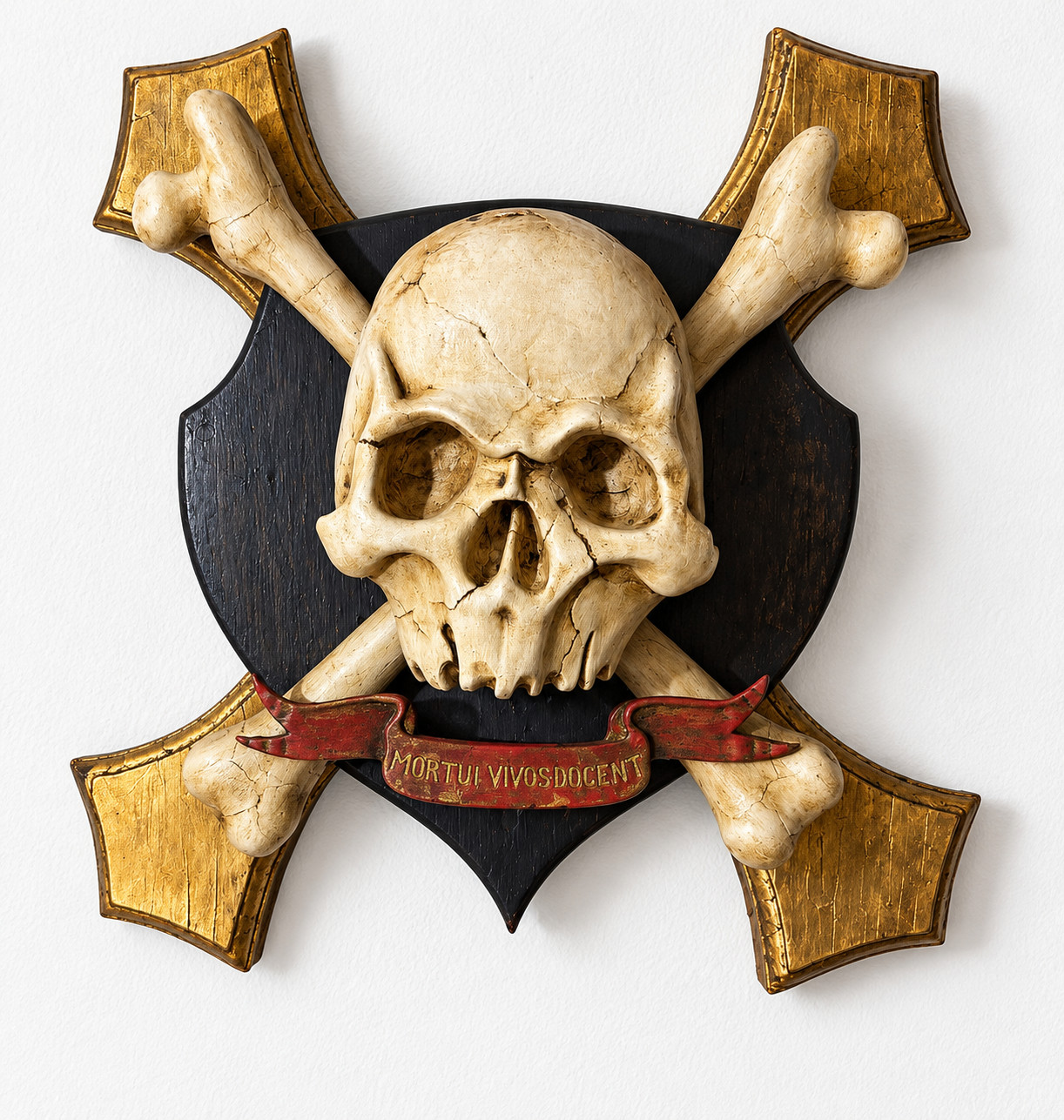 Rare Memento Mori Sculpted Parcel Gilt Skull & Crossbones sculpture on Plaque