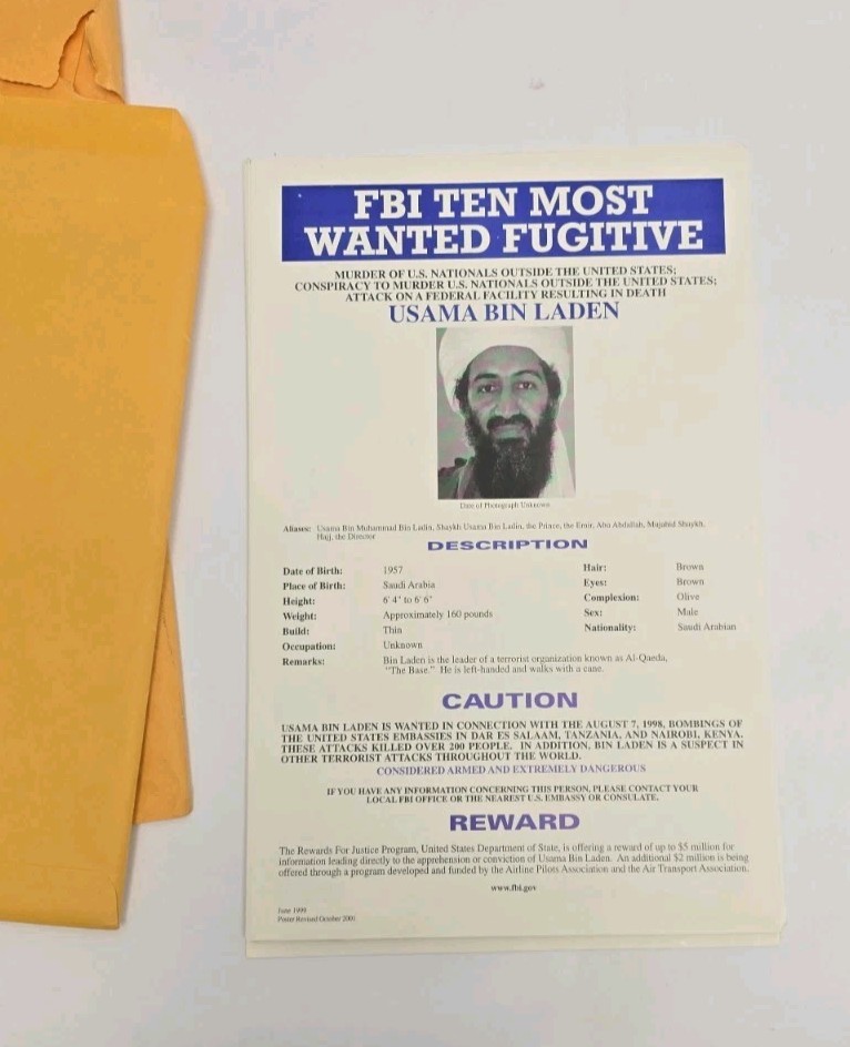 FBI Wanted Posters - Bin Laden & Others + DOJ Note Dated Nov 2, 2001 & Envelopes