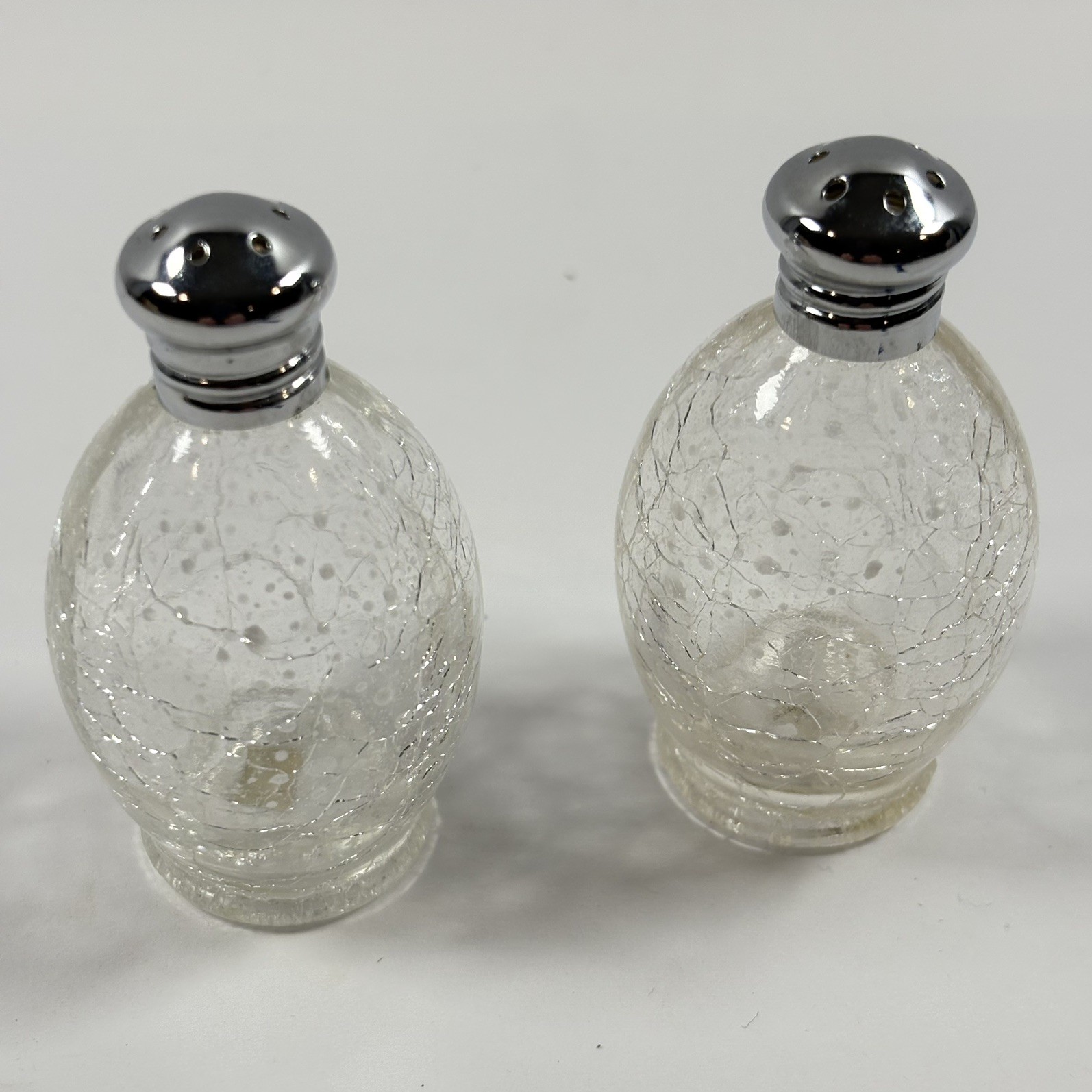 Vintage Crackle Glass Salt & Pepper Shakers w/silver tone tops set of two