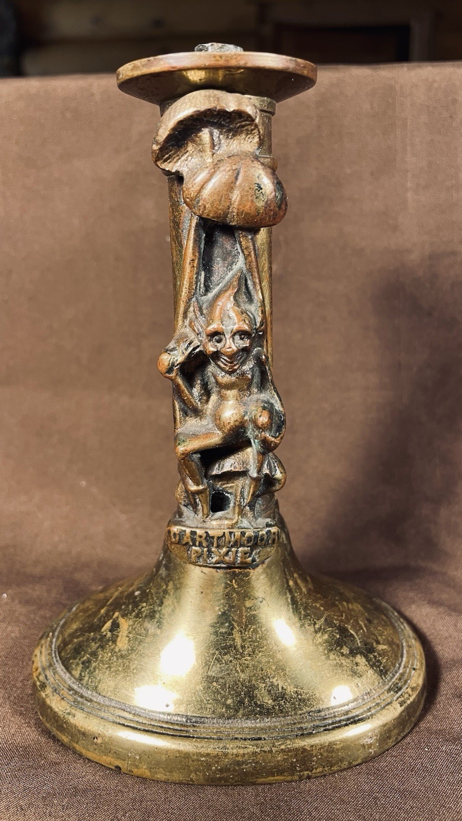 Antique C. 1890s English Dartmoor Pixie Brass Candleholder Candlestick Brass