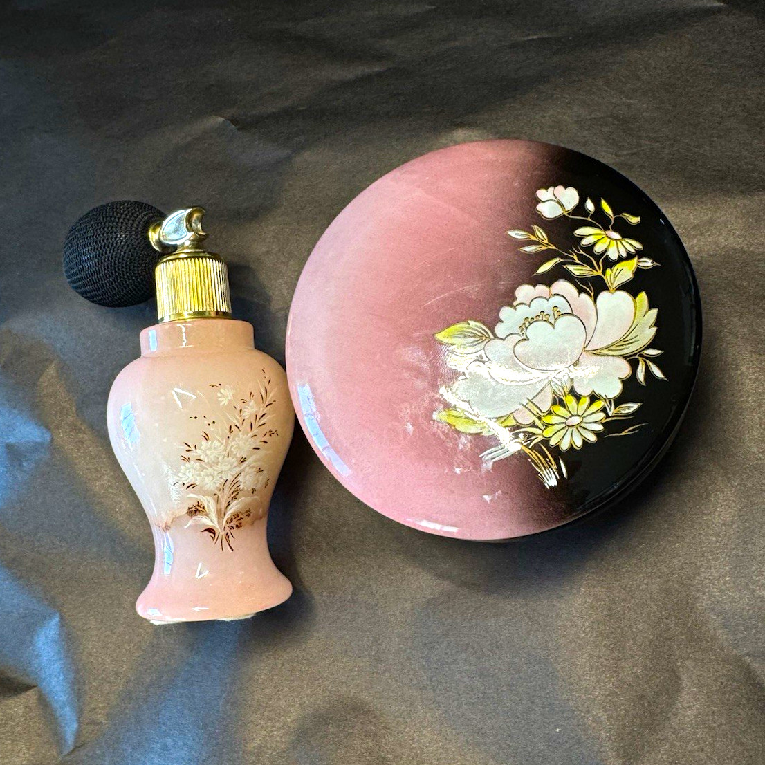 Vintage pink and black alabaster trinket box and Matching perfume atomizer set