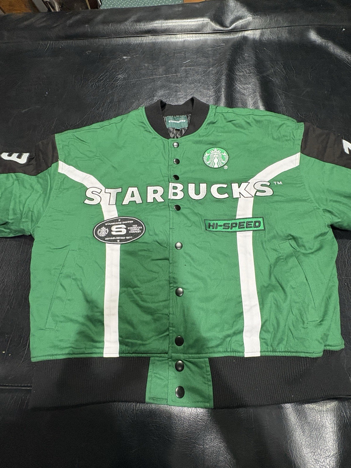 Starbucks Green/Black Snap-Front Racing Style Jacket Hi-Speed 1971 Logo xl