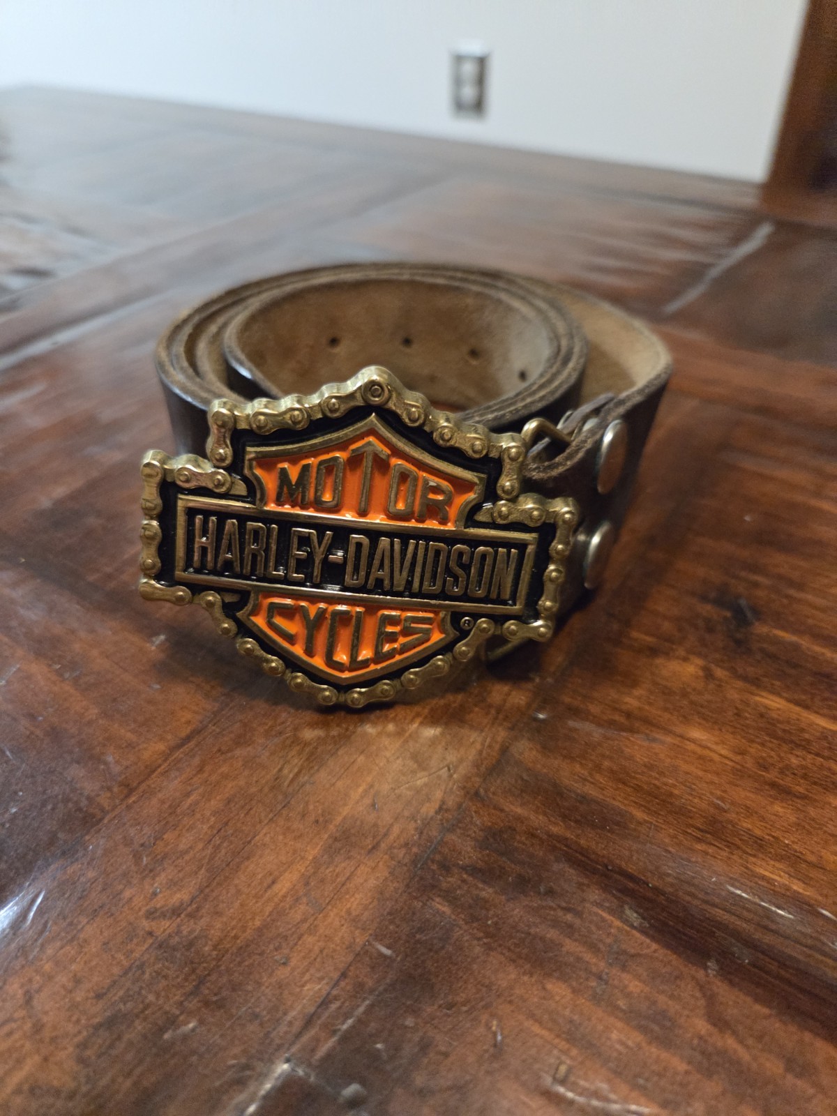 Rare Vtg 1991 Harley-Davidson Authentic Chain Bar And Shield Belt Buckle W/ Belt