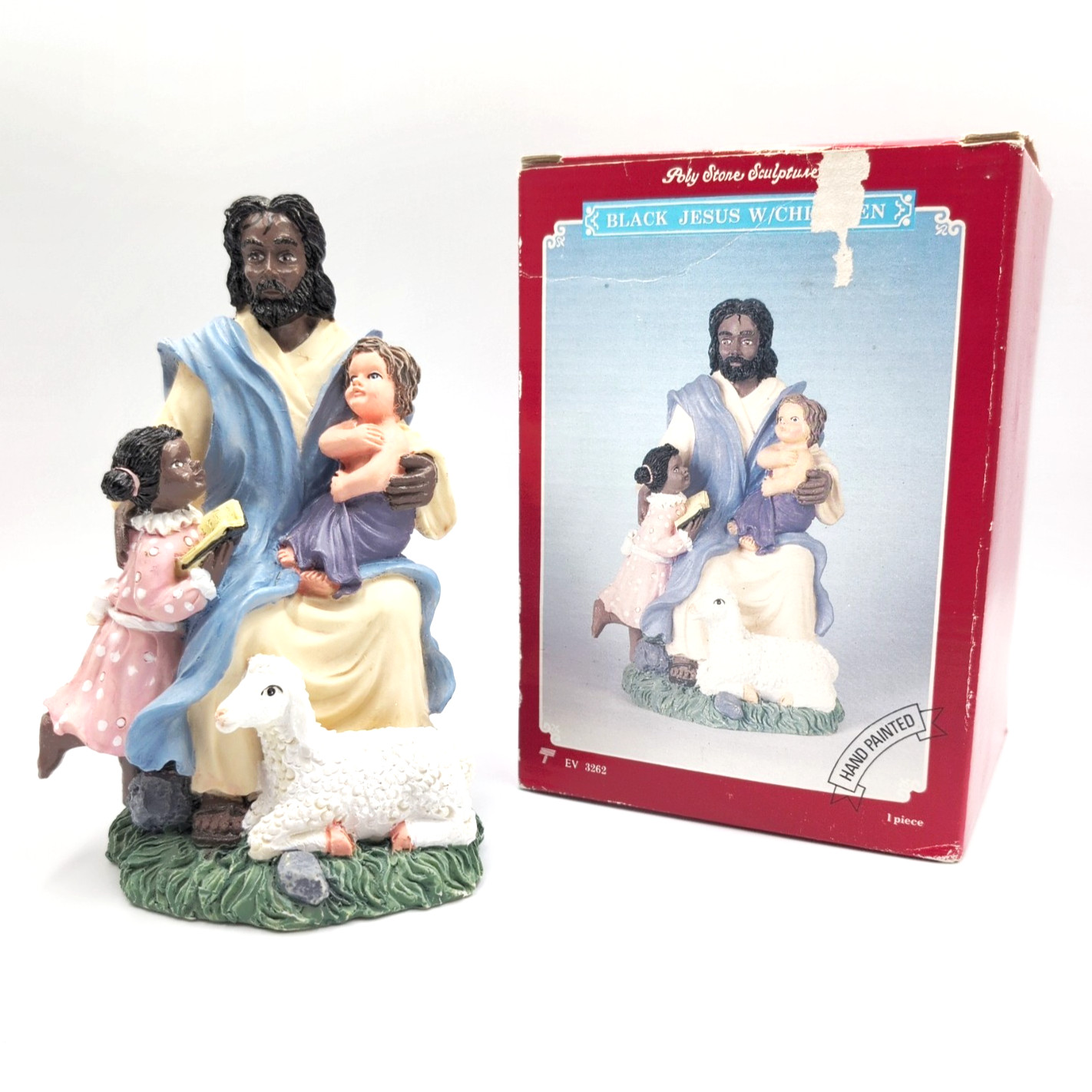 VTG Black Jesus with Children Statue Hand Painted Polystone Figure EV 3262 Box