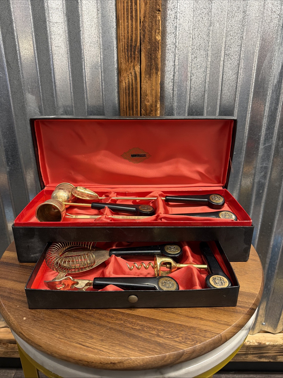 Vintage Mid Century 6 Piece Barware Kit W/ Case 24K Gold Plated MCM