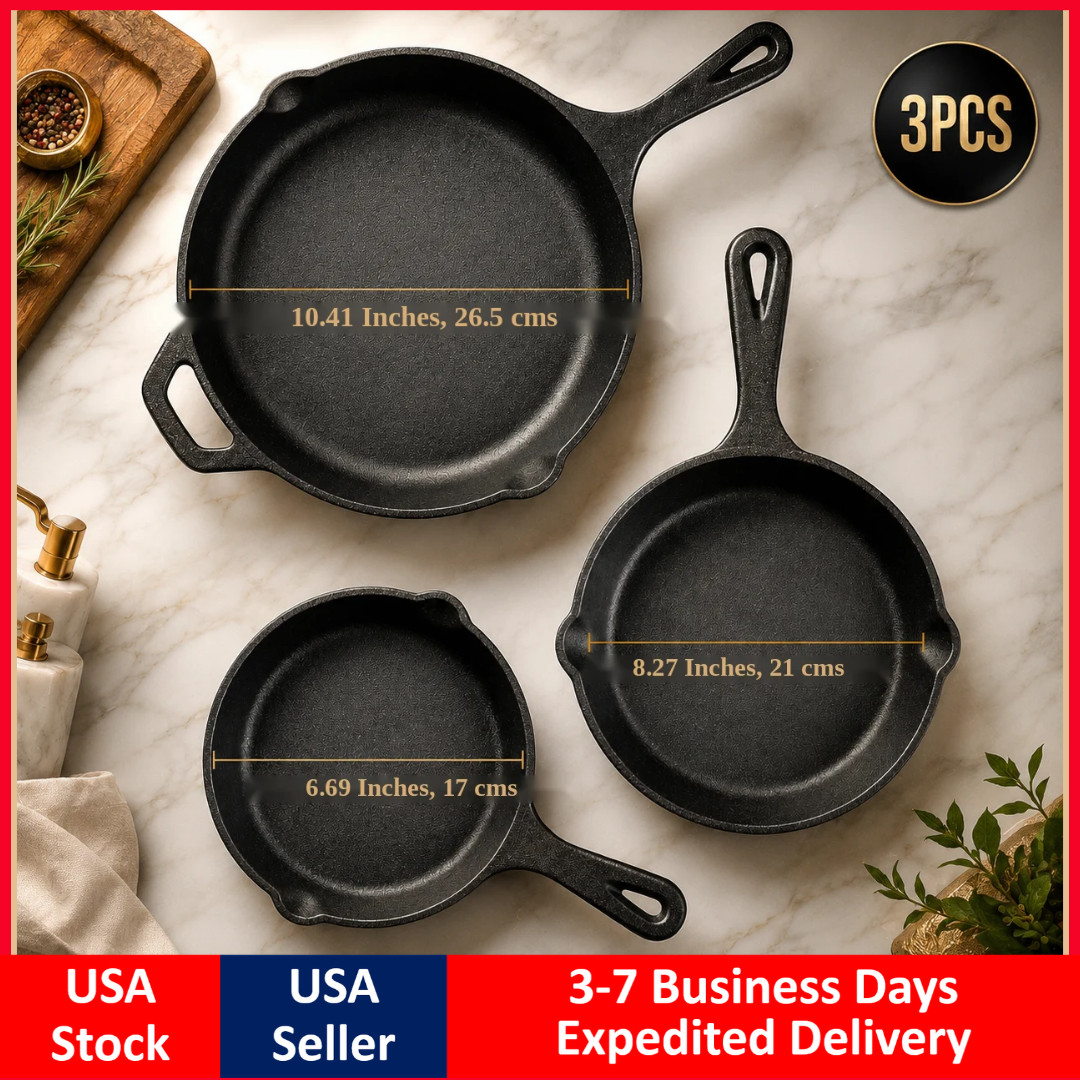 3-Piece Cast Iron Skillet Set- Pre-Seasoned Frying Pans 6.5\