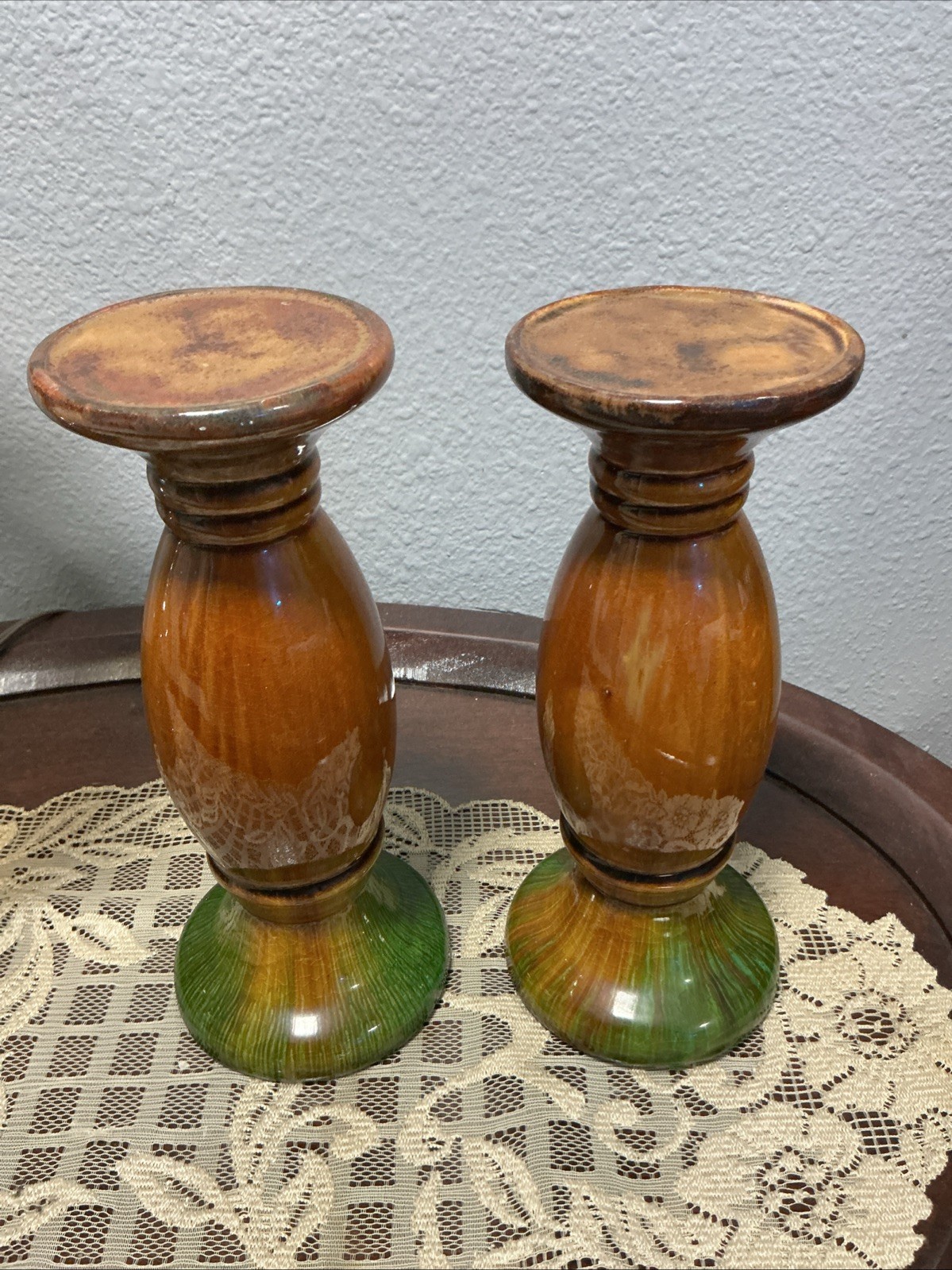 Pair Vtg Ceramic Brown Green Candle Holders Handmade & Painted Bohemian Spindle