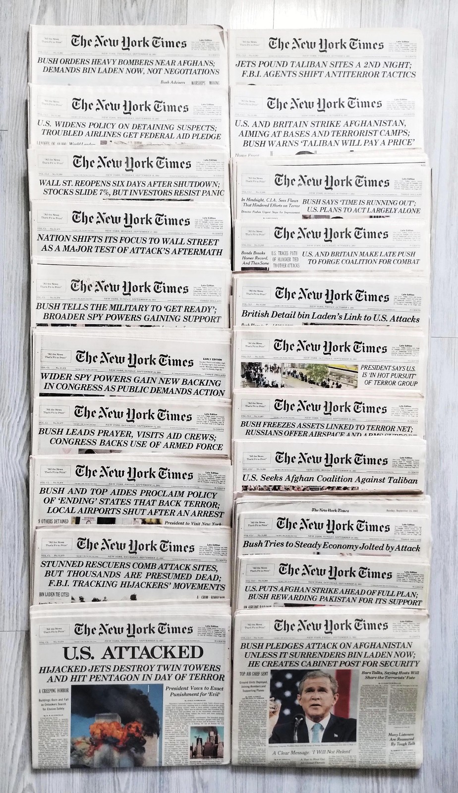SEPT 12, 2001 & 20 other NY TIMES 9/11 Issues, Uncirculated & Mostly Full Copies