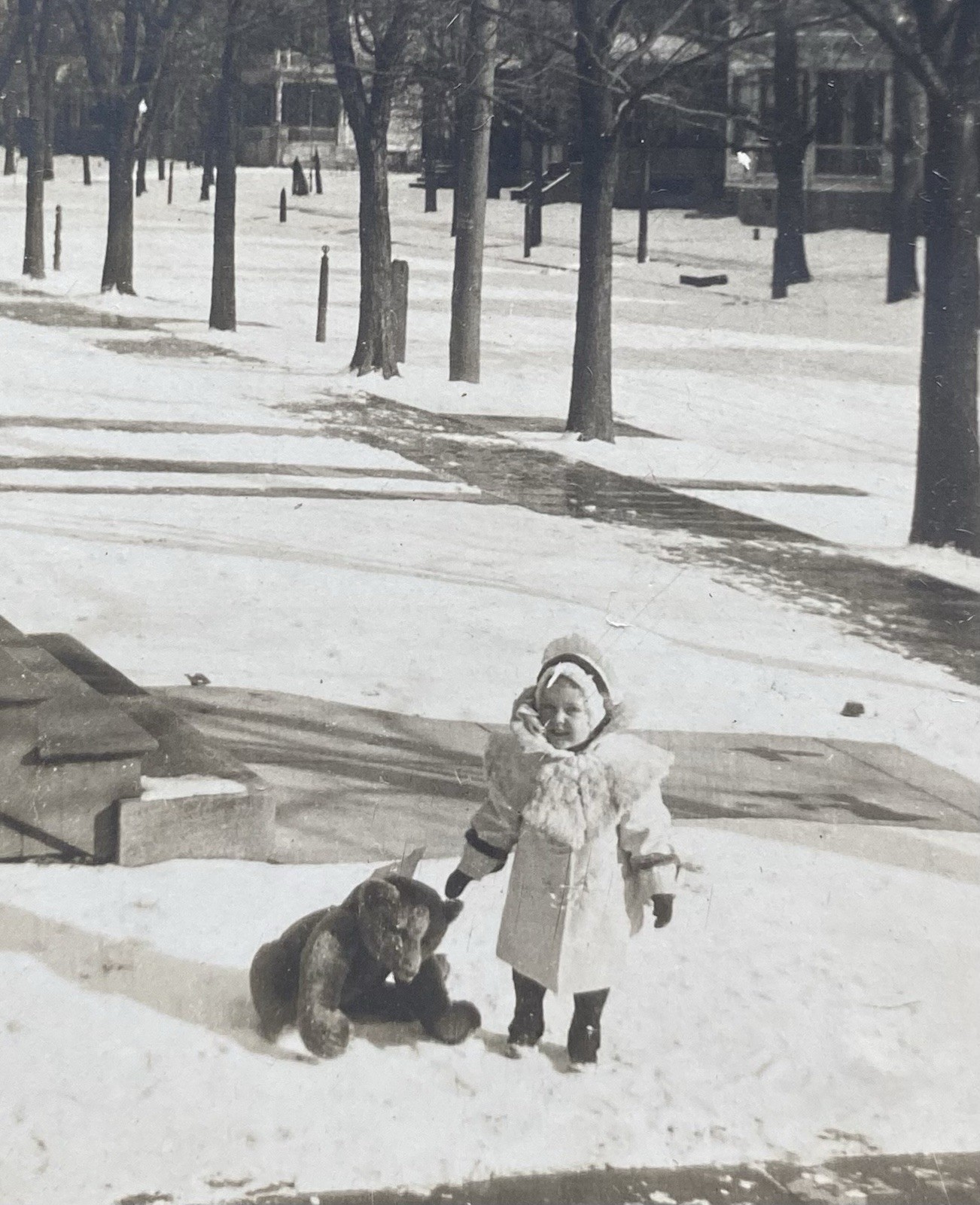 Large Antique Teddy Bear Cute Kid in the Snow Houses on the Street Vintage Photo