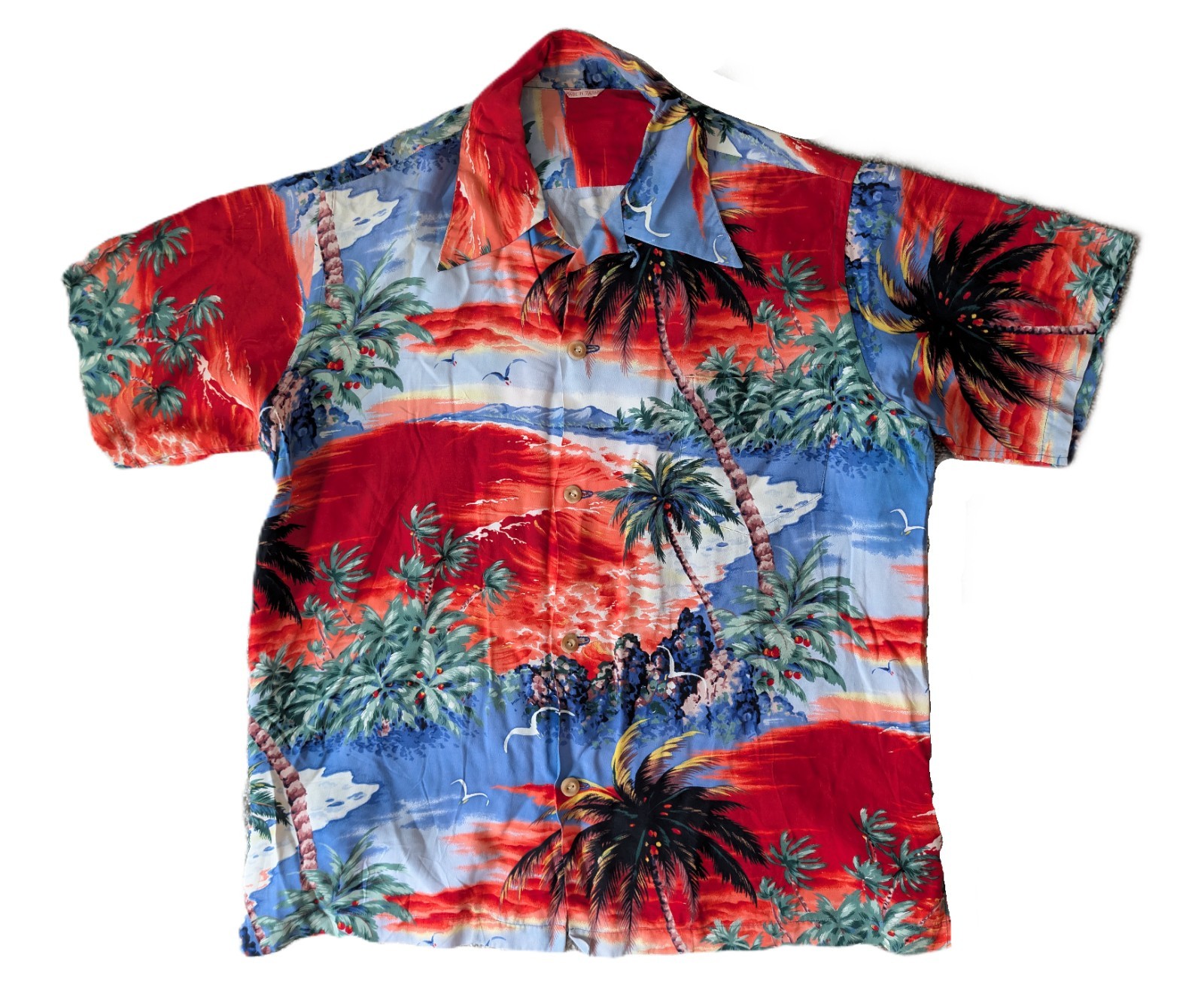 Vintage 1950s Made in Japan Rayon Hawaiian Shirt Trees Scenic Crepe  size M