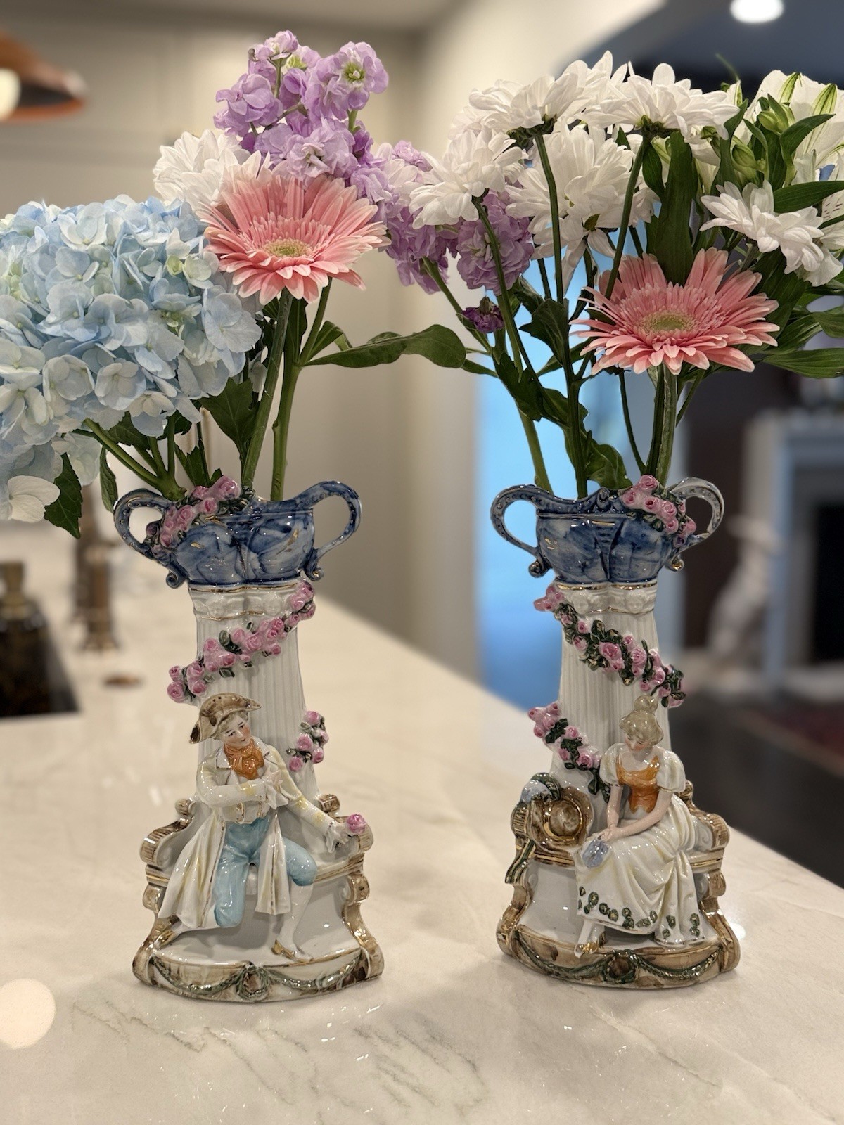Matching Pair Of Antique/ Vintage Germany Hand Painted Porcelain Vases  Rococo