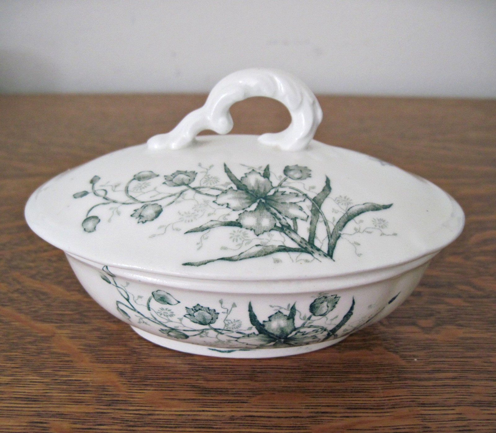 Antique Victorian Ironstone Green Transferware Soap Dish John Maddock Orchid