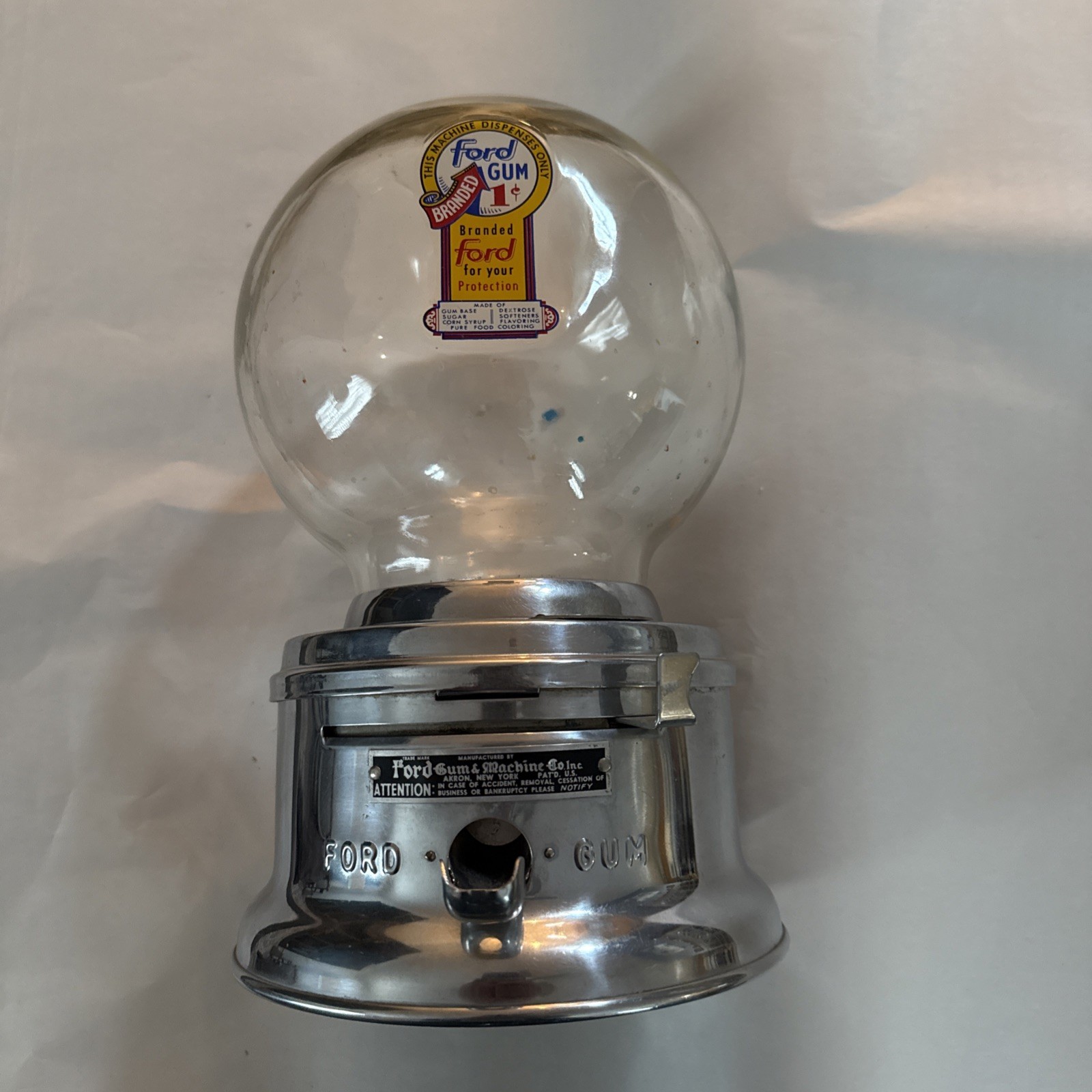 Vintage Glass Globe Ford Gum Machine for Super Balls & Tiny Capsules Penny Vend