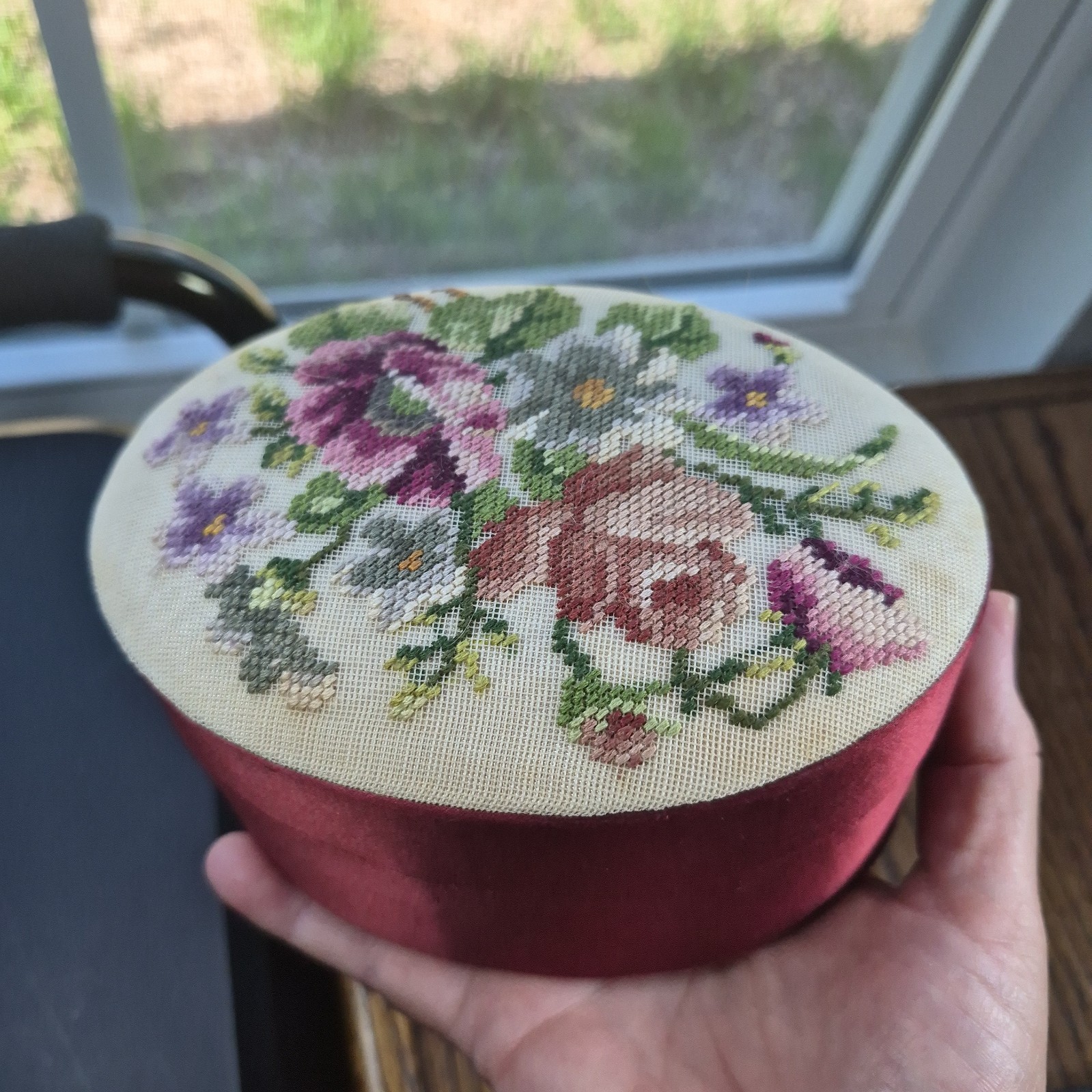Vtg Needlepoint Trinket Box Floral Oval Red Satin Cottage Victorian Decor 80s