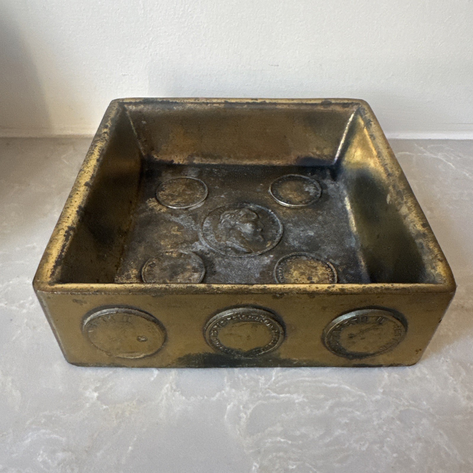 Vtg Mid Century Brass Square Coin Ashtray Catchall Valet Tray Napoleon Elizabeth