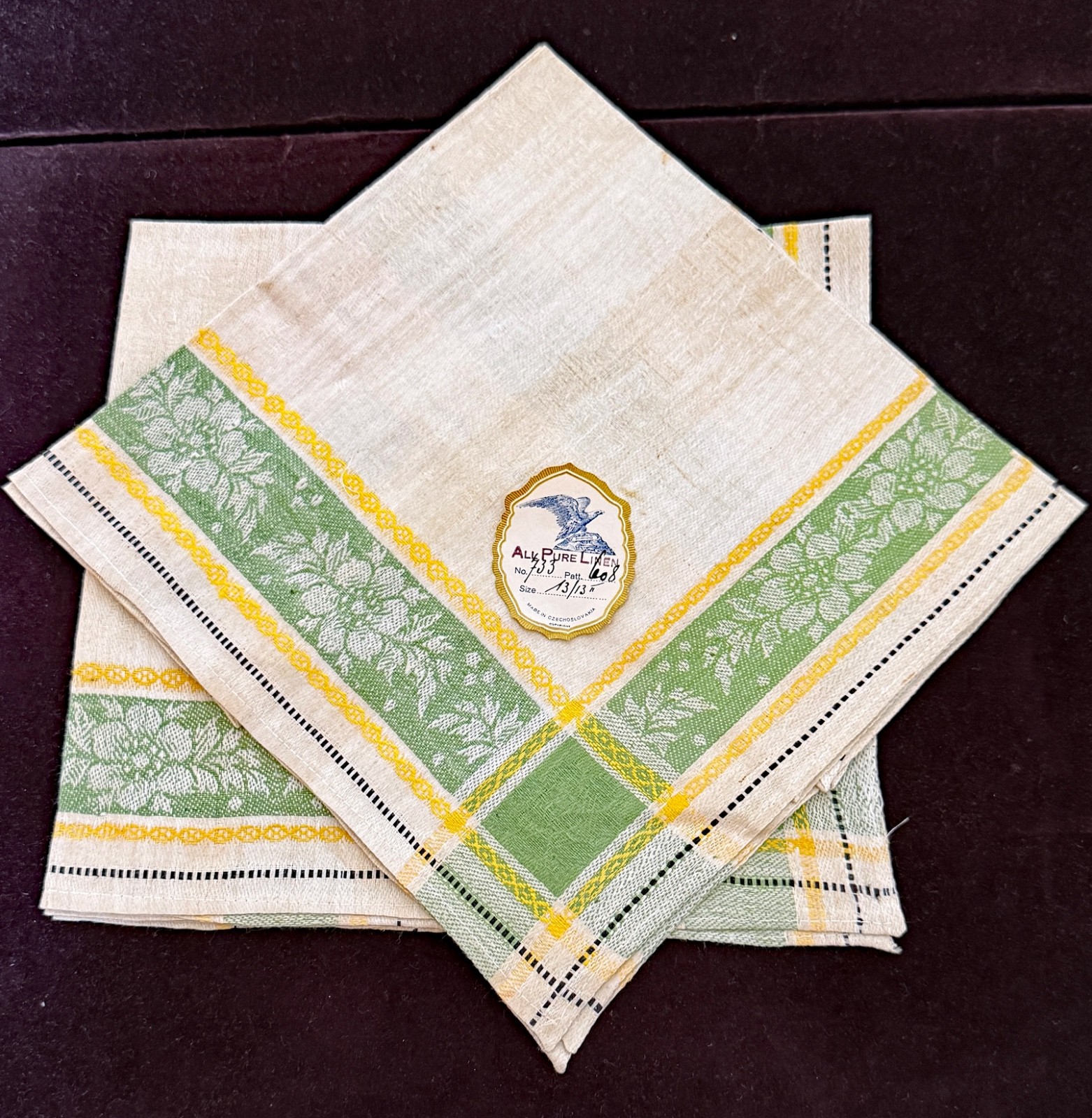 Vintage Czech Linen Damask Pastels on White Napkins NWT - Serves 6 B242